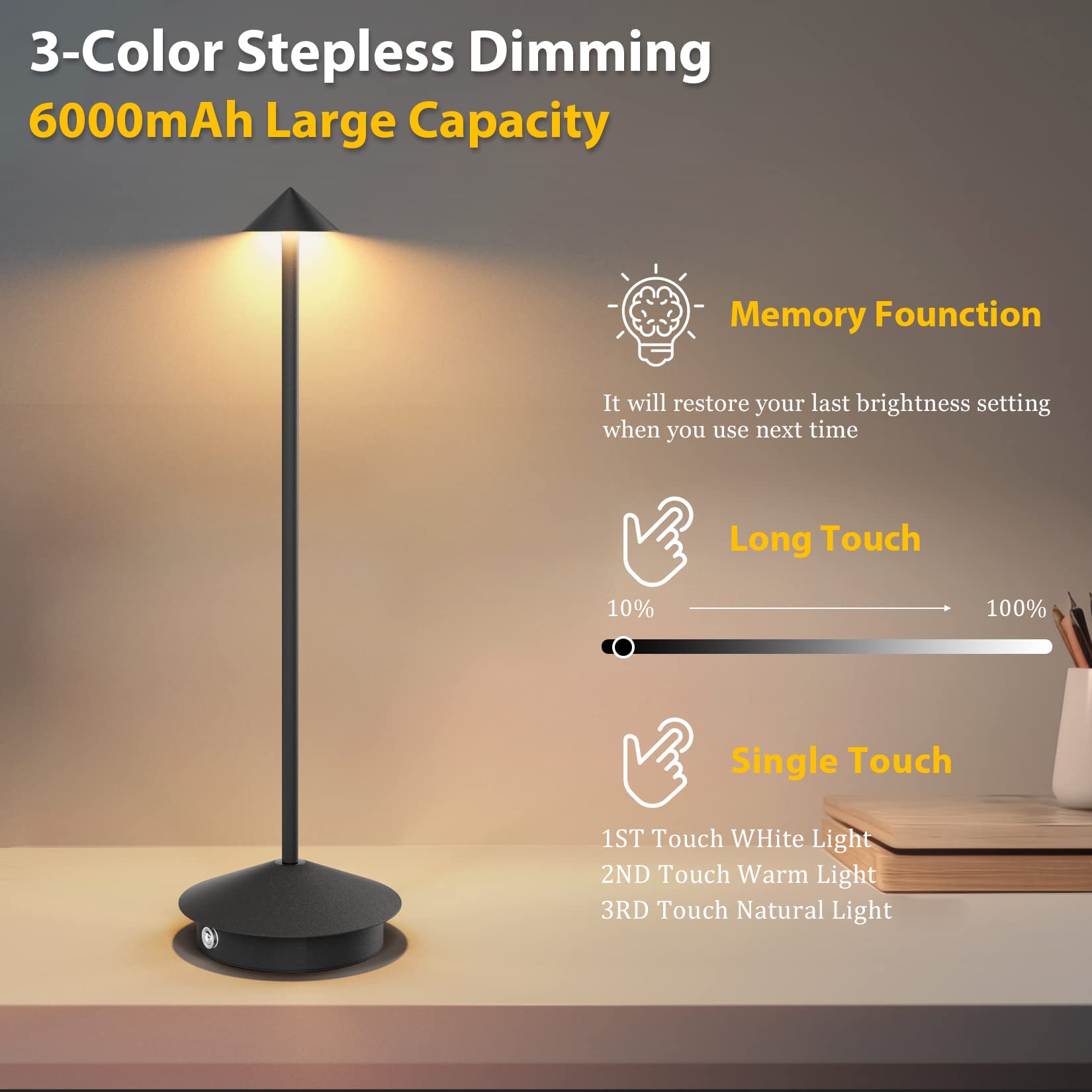 Aoceley 2-Pack 6000mAh Rechargeable LED Table Lamps, Waterproof, Dimmable, Modern Design, Black