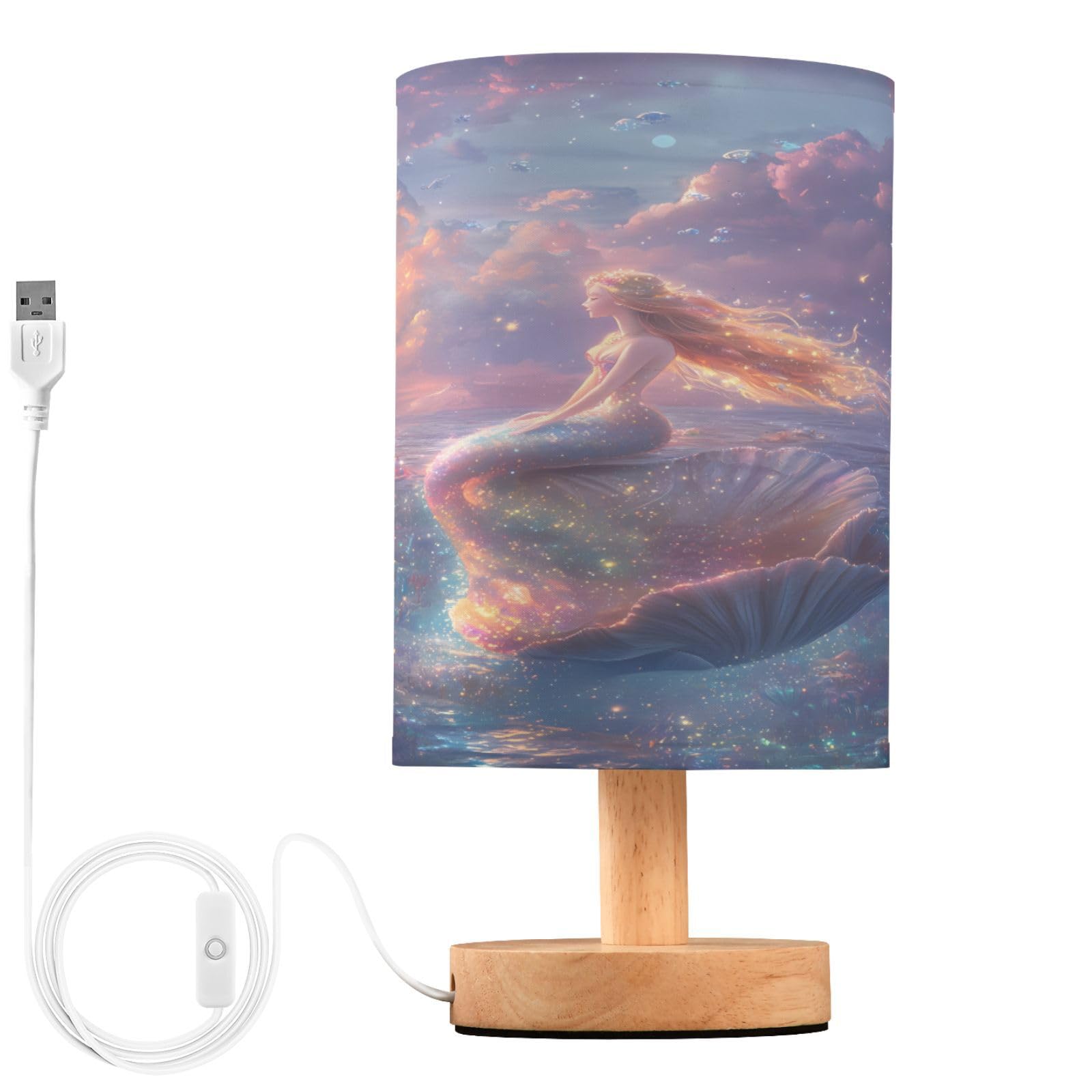 ALAZA Mermaid Seashell Cloud Decor Bedside Table Lamp with USB Port for Bedroom Nightstand Office Desk LED Bulb Included