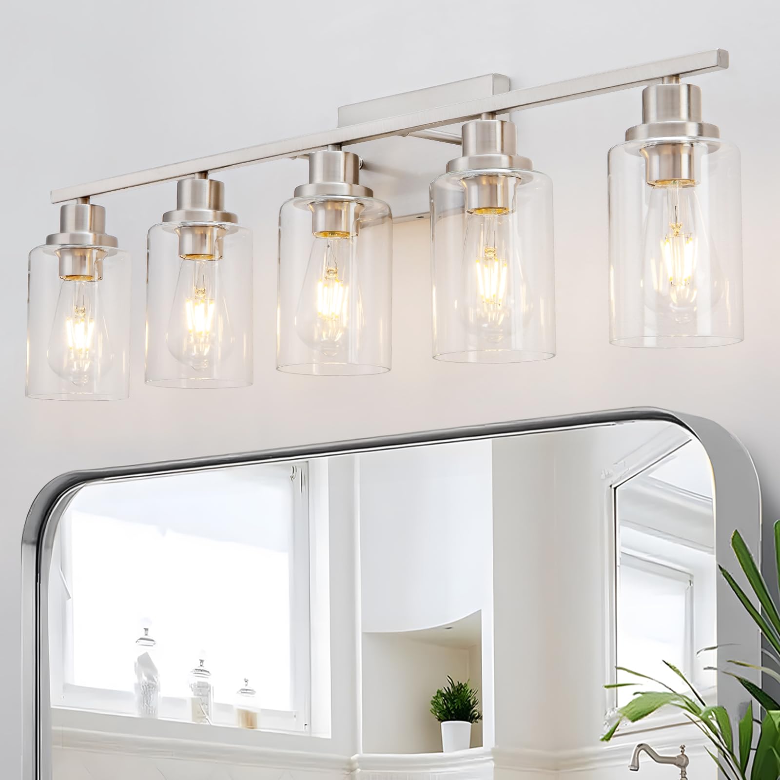 HCCZ 5 Light Bathroom Vanity Light Fixtures Brushed Nickel Glass Shade Modern Farmhouse Wall Sconces Model 800-100-1084