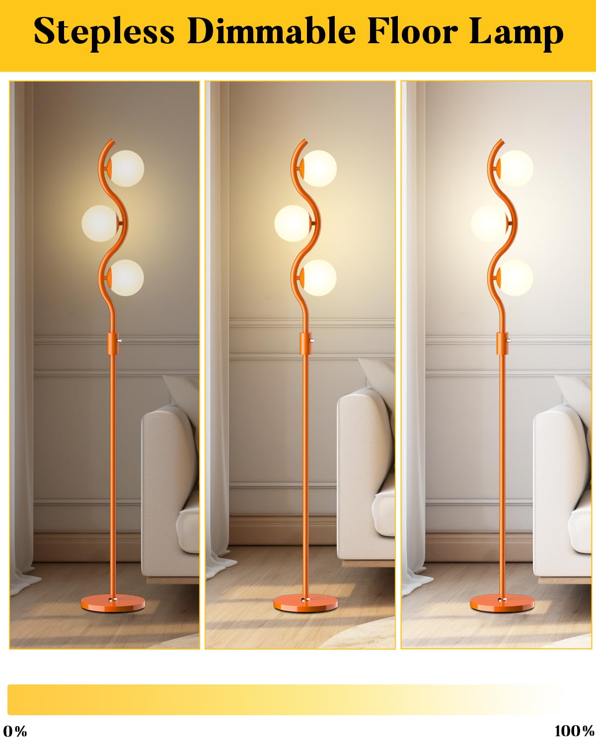 Lightdot Dimmable Floor Lamp - 3 Globe, 3000K G9 Bulbs, Stepless Brightness, Orange, Mid Century Modern - Model LFLL