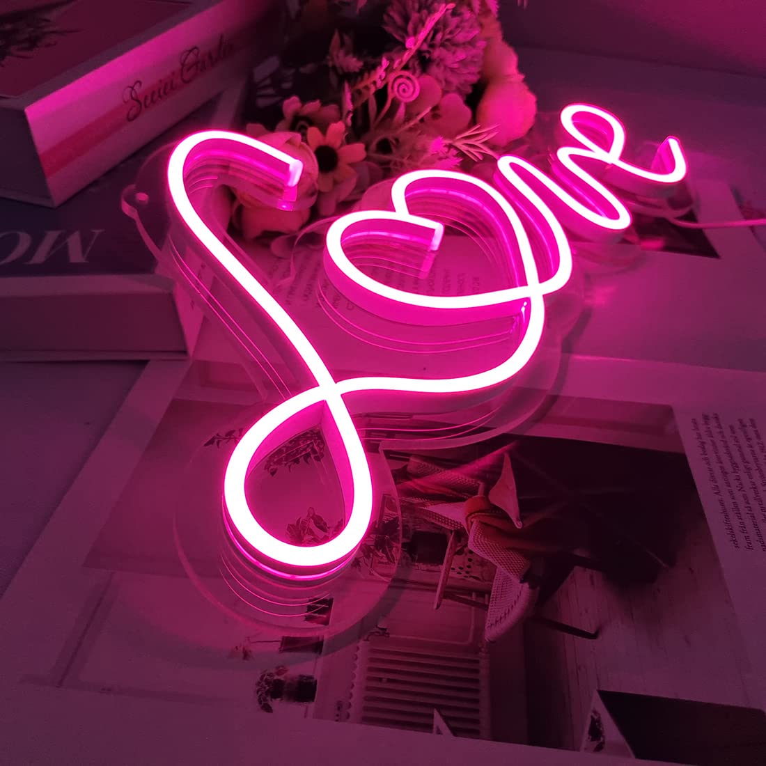 Britrio LED Neon Light Sign - Pink Love Wall Decor, USB Powered, 17inx8in, Model FSLO18P
