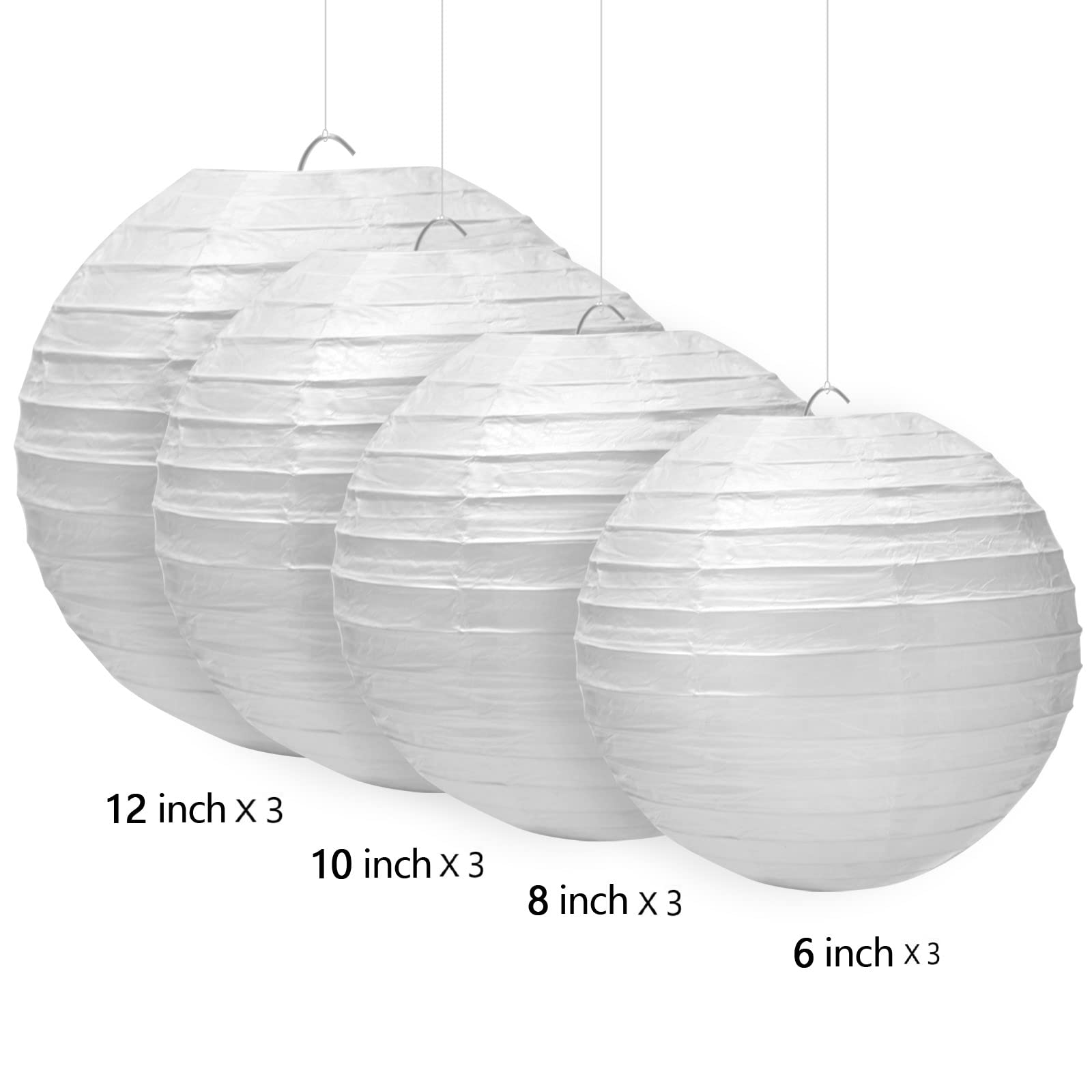 12 Packs White Led Paper Lantern With Lights ,6&quot; 8&quot; 10&quot; 12&quot; Round Hanging Chinese/Japanese Ball Lantern For Christmas Valentine'S Day Easter 4Th Of July Christmas