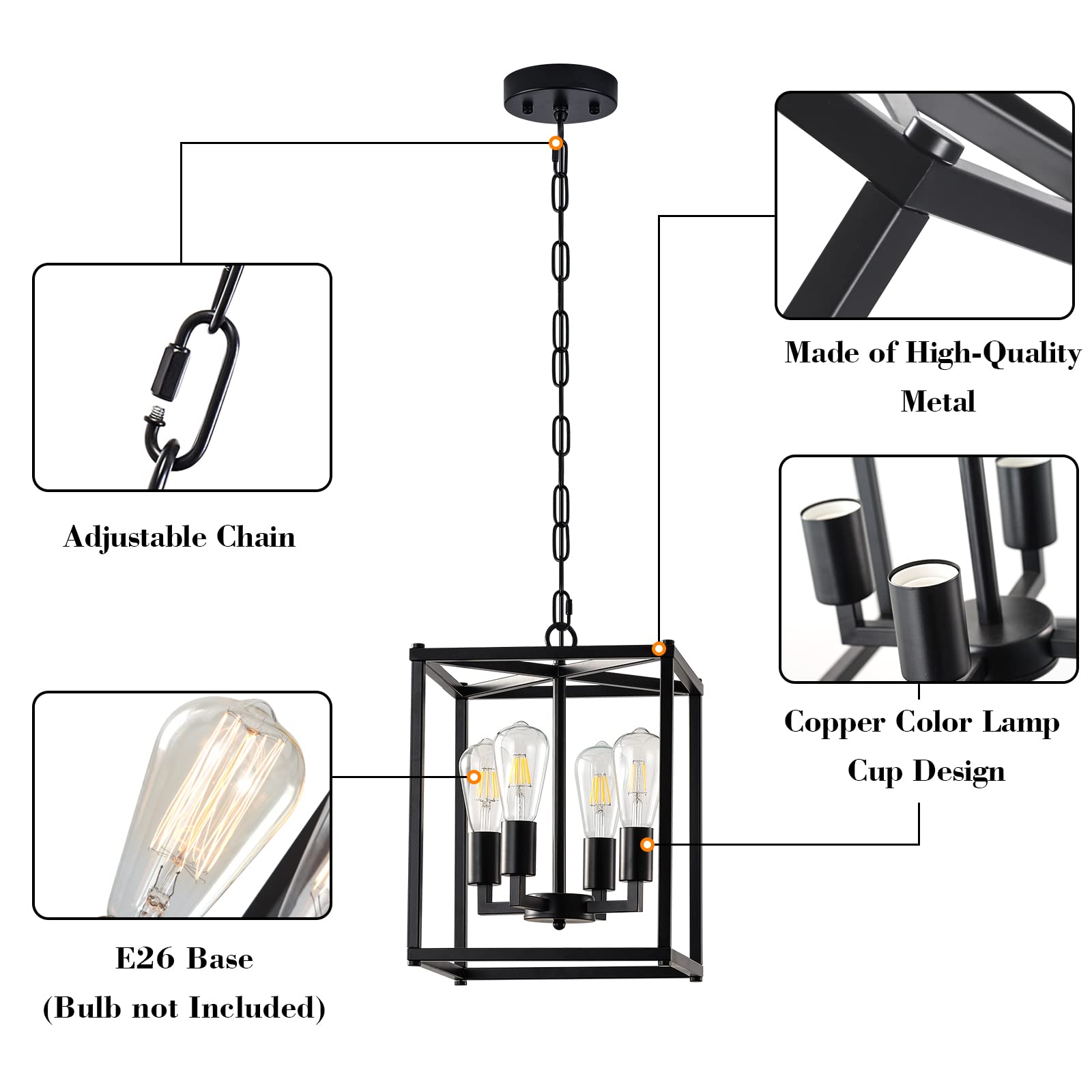 Febeleven 4-Light Black Lantern Pendant Chandelier - Modern Metal Ceiling Light Fixture for Bedroom, Kitchen, Foyer, Living Room, Dining Room