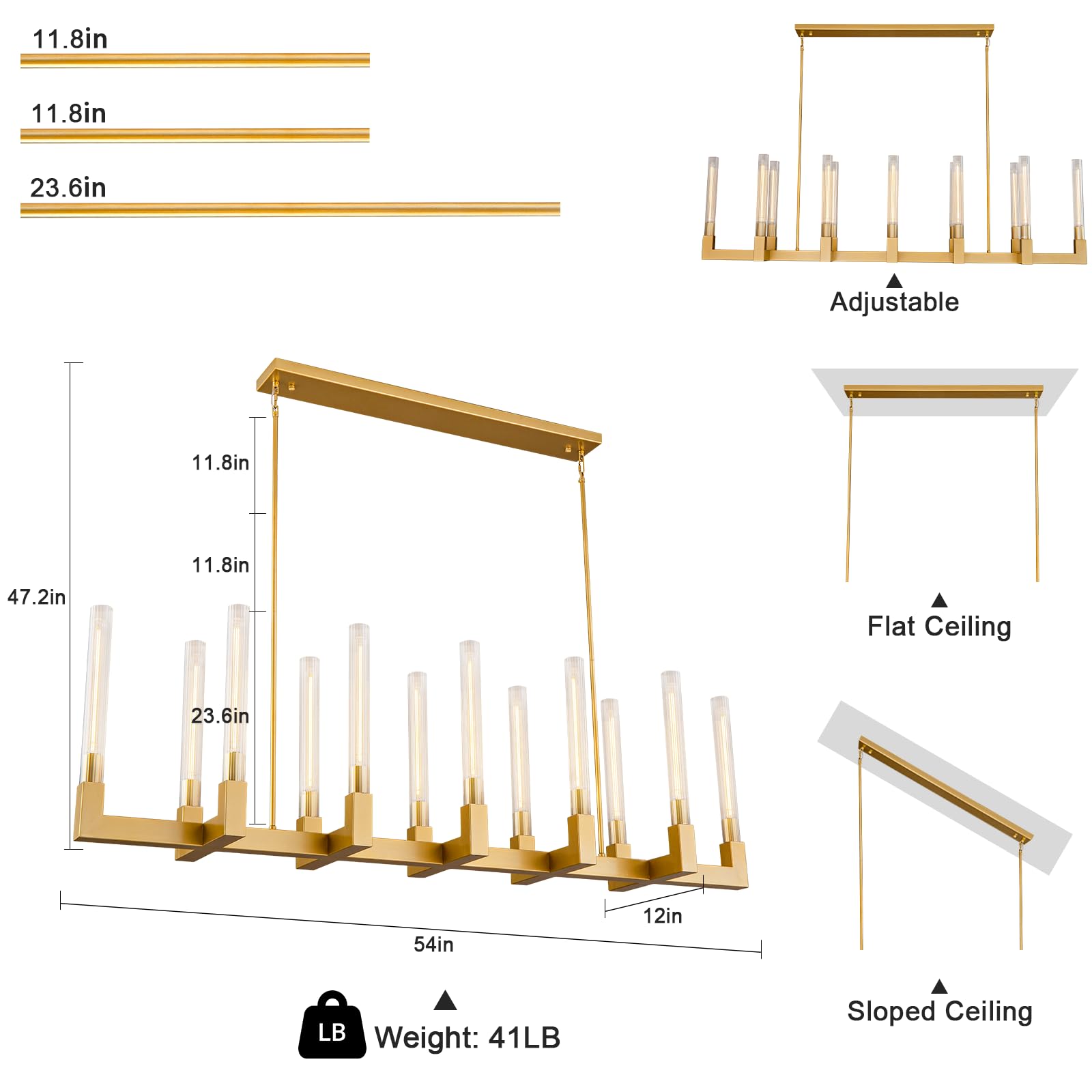 YUEXPAND Farmhouse Chandelier, Gold 12-Lights Modern Pendant Lighting, 54'' Rectangular, Ideal for Dining & Living Rooms