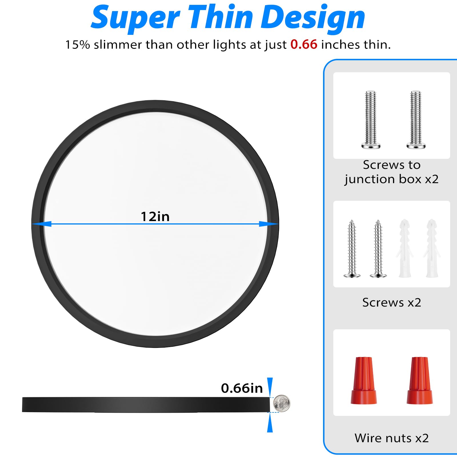 Peasur 12in LED Ceiling Light, Adjustable 3000K-6500K, 3200LM, Black, 2 Pack, Model CL62A-2-BK