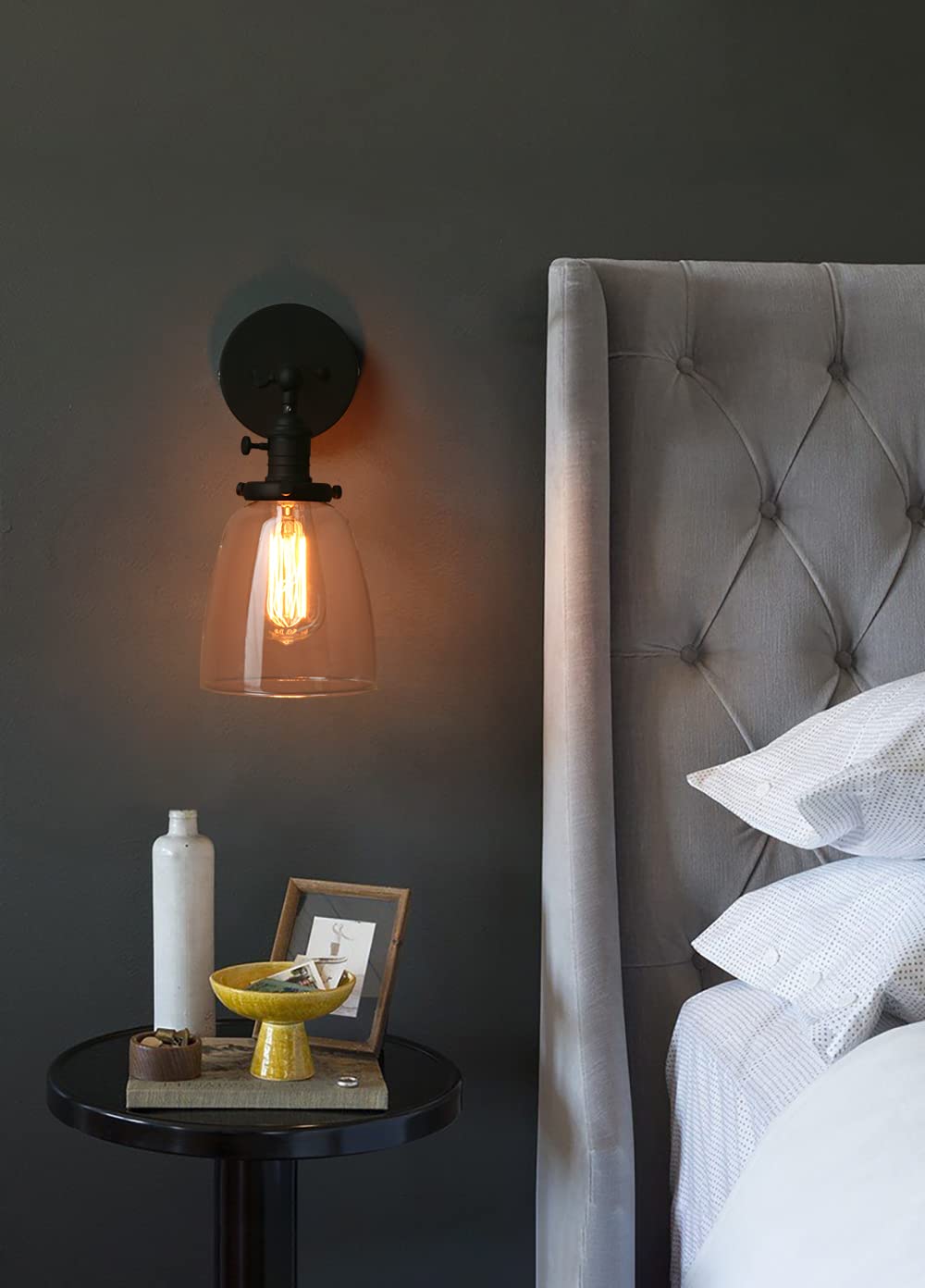 Pathson Vintage Wall Sconce, Black Glass Shade, Indoor Lighting Fixture, On/Off Switch, Model XLYT010-H