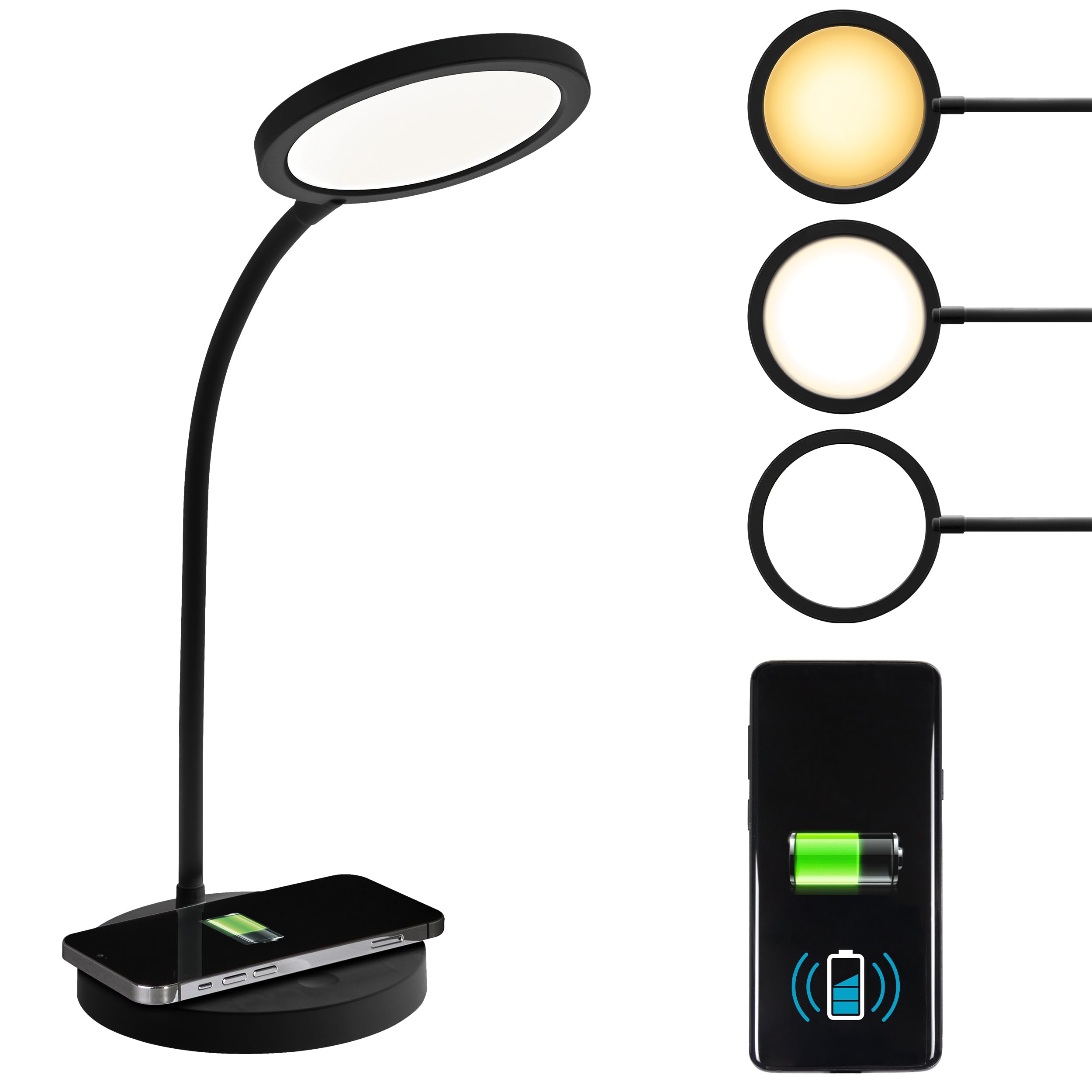 OttLite Good Housekeeping Circular LED Desk Lamp with Wireless Charging - Designed to Reduce Eyestrain - Adjustable Neck  3 Color Modes - Crafting  Office Work  Reading & Studying