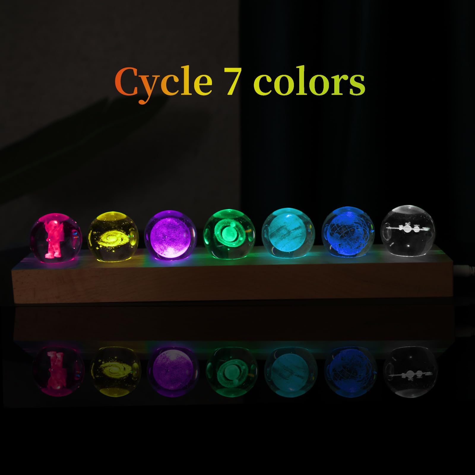 7 Pcs Planet Crystal Ball Night Light Celestial Balls Lamp With Led Wooden Base, 3D Earth Moon Saturn Galactic System Crystal Ba