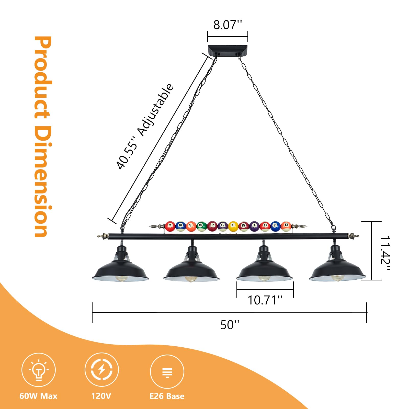 Mcacggo Billiard Pool Table Lights 4-Light Black Matte Metal Shades, 50'' Pool Table Lighting For 7'-8' Table, Billiard Light Su