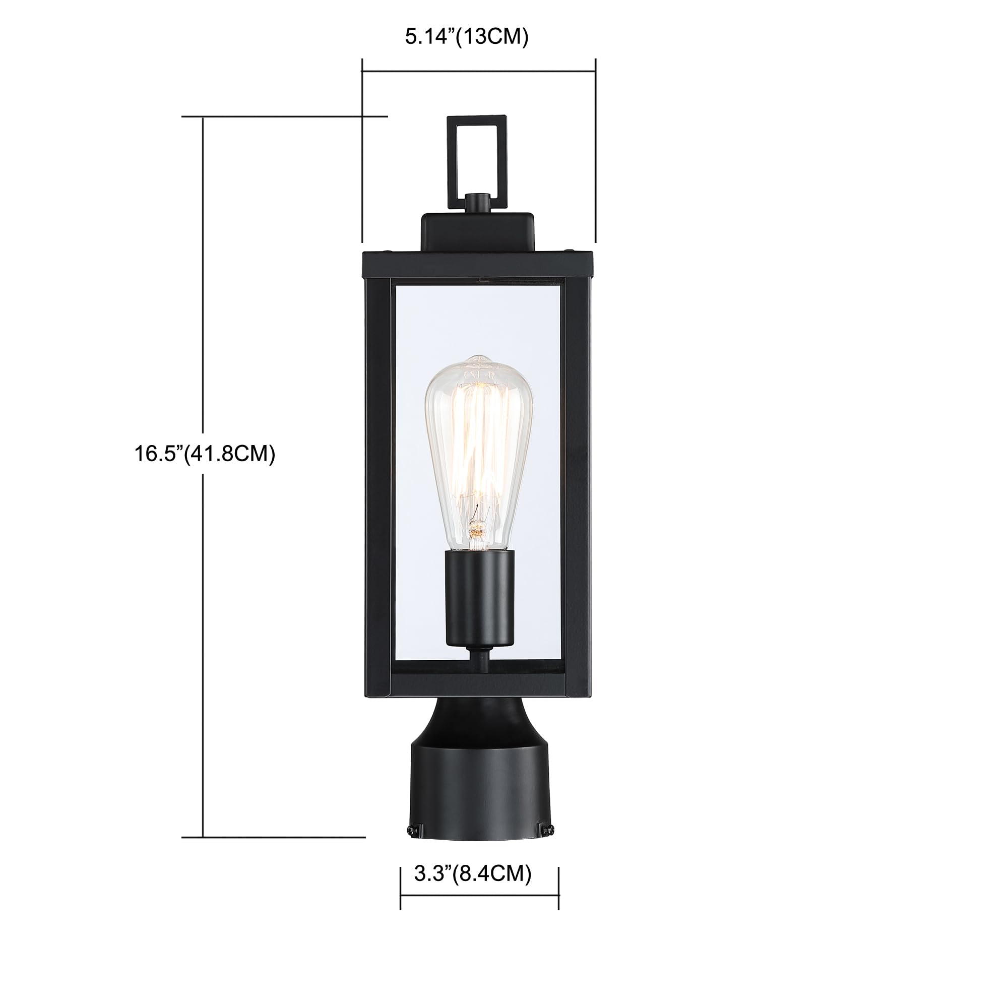Wisbeam Outdoor Post Light, Black Metal Lantern, E26 Base, 16.5&quot; Glass, Etl Qualified