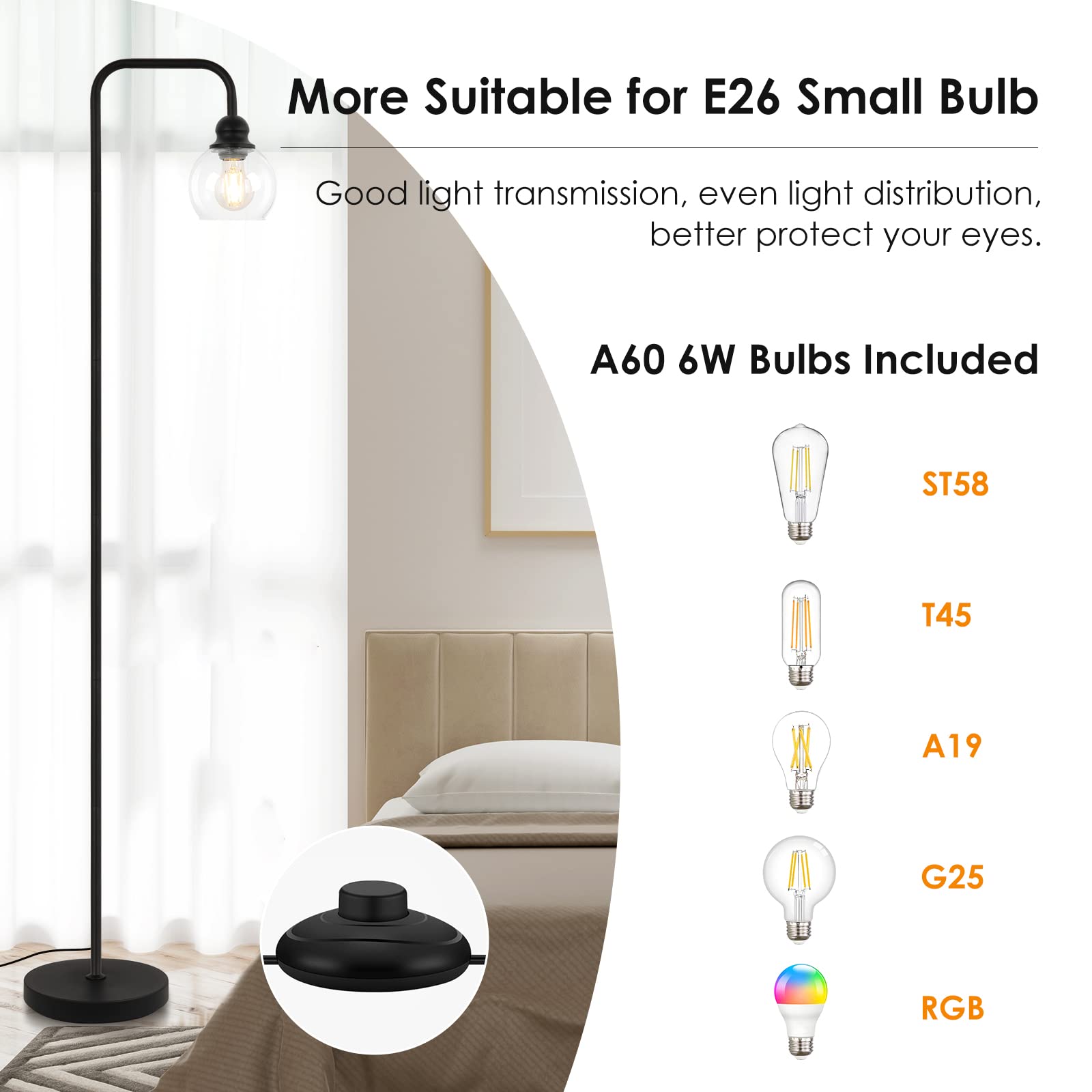 Modern Led Floor Lamp, Industrial Floor Lamps With Hanging Clear Glass Shade, Black Classic Reading Tall Lamp For Office, Standi