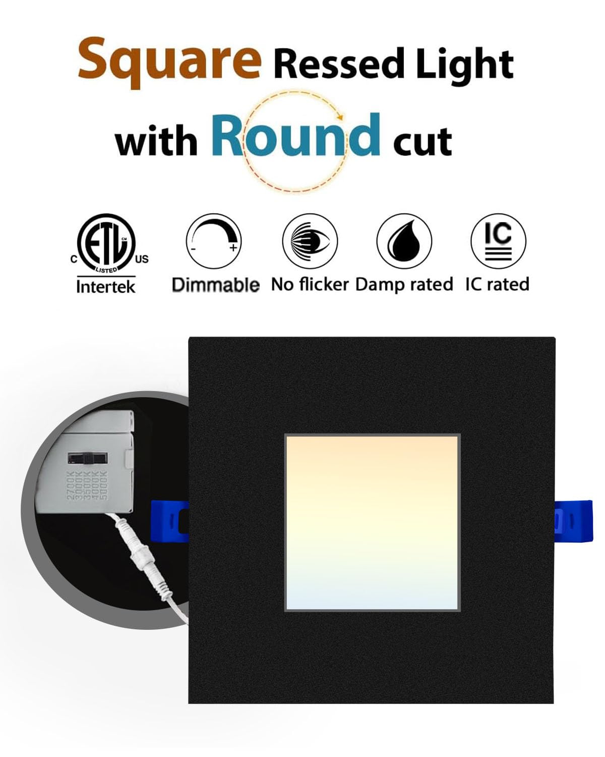 Adetu 4 Inch Square Led Recessed Lighting Black,5Cct Ultra Thin Square Led Ceiling Light With Junction Box,2700K-5000K, 10W 860L