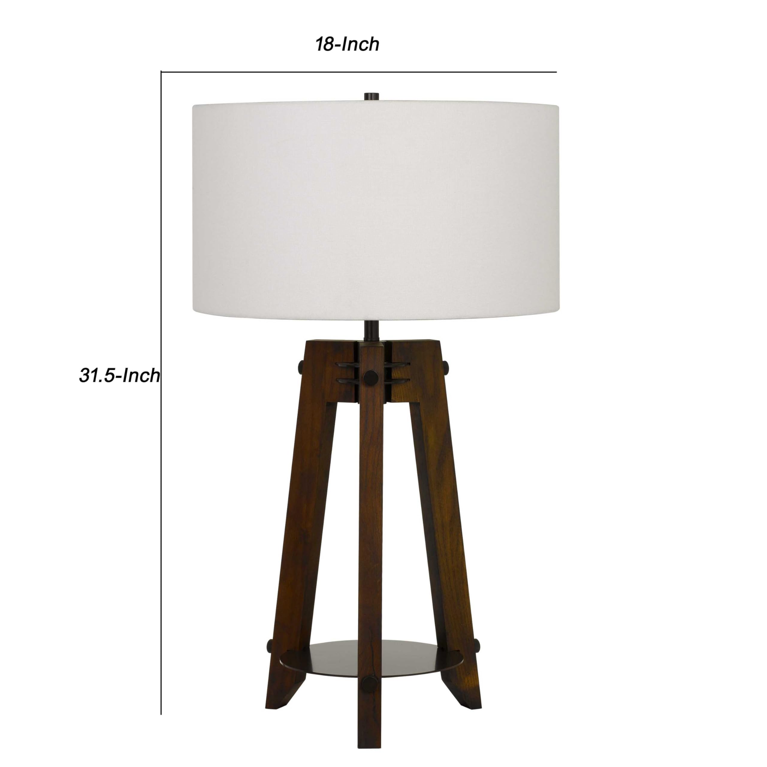 Benjara Drum Shade Table Lamp With Wooden Tripod Base, White And Brown