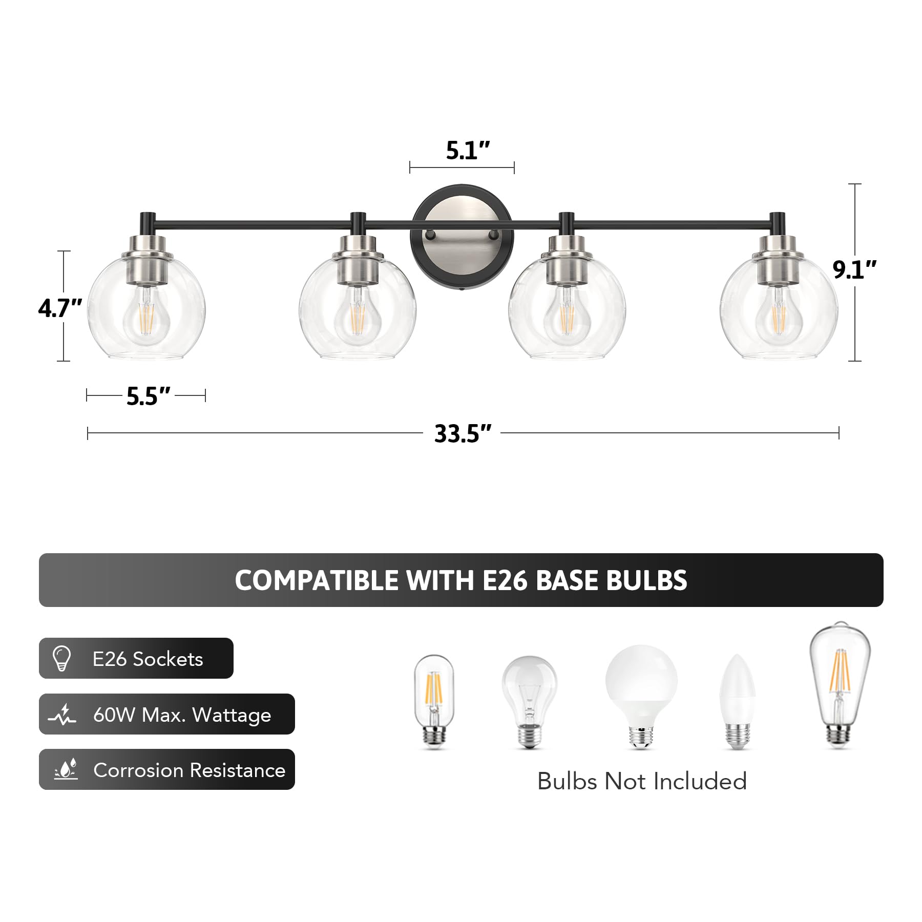 VONLUCE 4-Light Vanity Light Fixtures with Globe Glass Shades, Brushed Nickel Finish, Model HCF-15Y4-NB, Ideal for Bathroom, Bedroom, Hallway