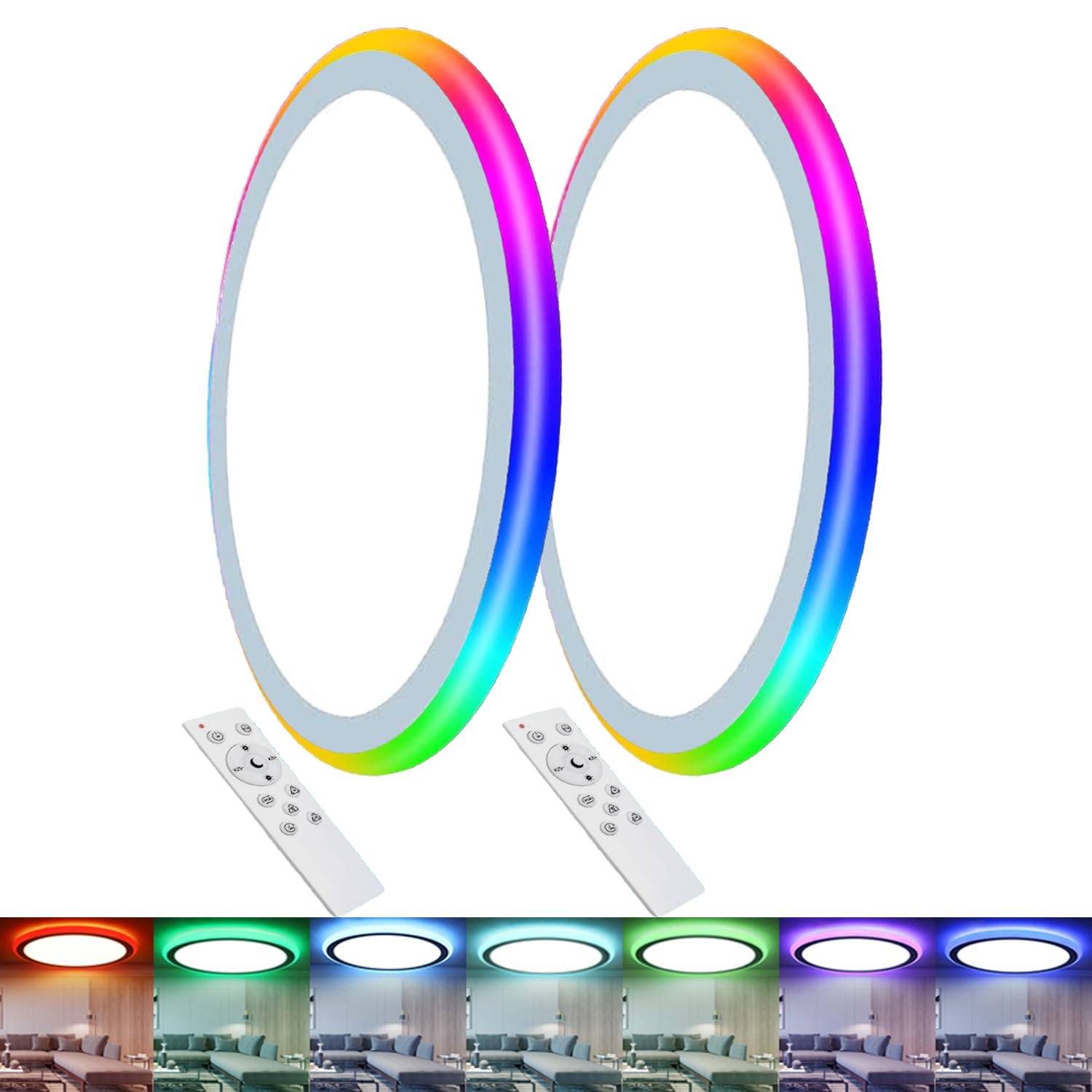 2Pack 13Inch Magic RGB Flush Mount Led Ceiling Light 34W 3400LM Dimmable with Remote Control 3000-6500K+RGB Color Changing Ceiling Light.Surface Round Ceiling Lights for Bedroom Living Room (White)