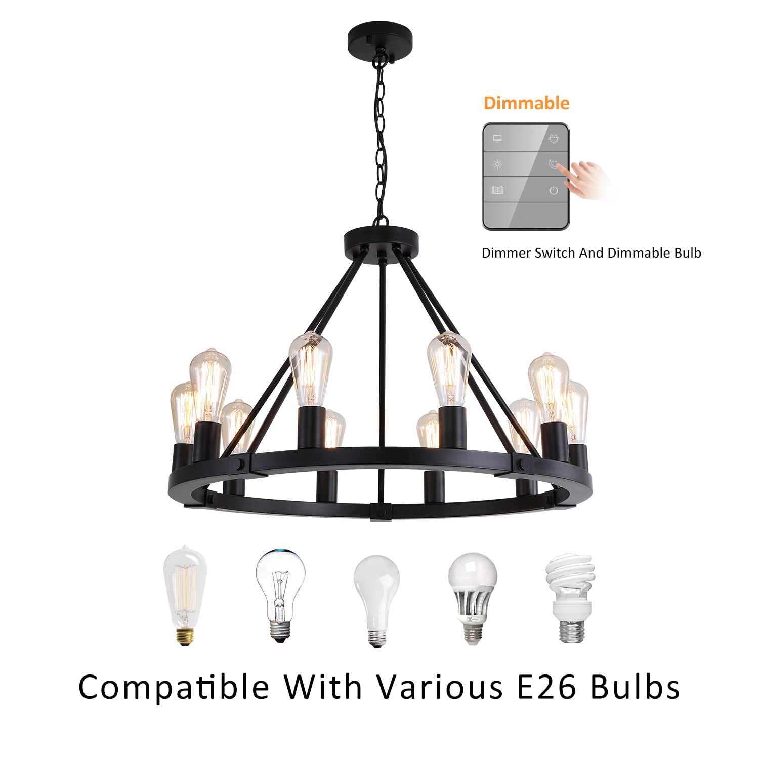 9MMML 10-Light Wagon Wheel Chandelier, Matte Black Iron Pendant Light, Dia 26.4", Adjustable Height, Model 8013P10BK