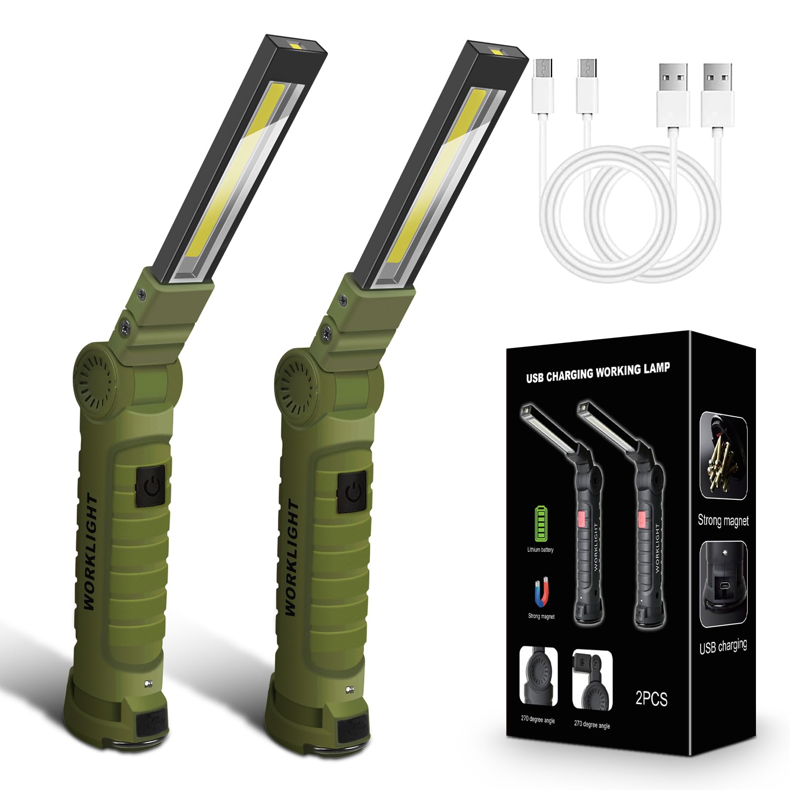 LED.APP 2Pack LED Work Light, USB Rechargeable COB, Magnetic Base, 360° Rotate, 5 Modes, Green