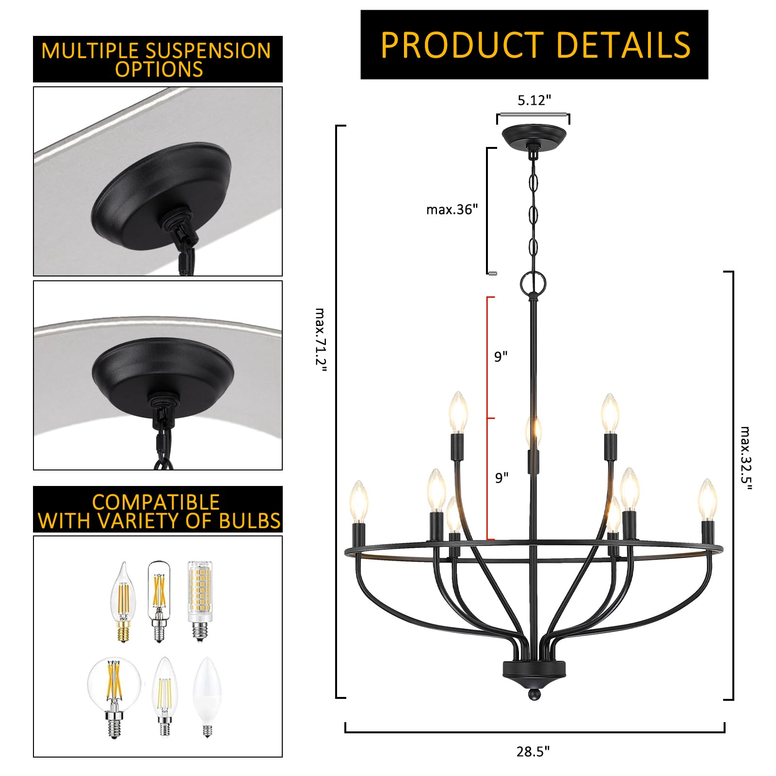 Black Dining Room Light Fixture, 28.5 Inch Diameter Modern Candle Chandeliers Over Table, 9-Light Farmhouse Chandelier For Kitch