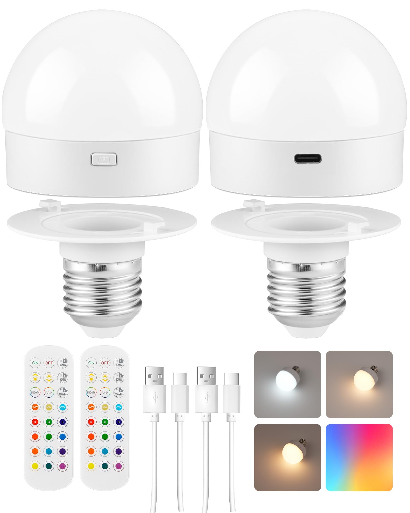 Goebleson Rechargeable Light Bulbs With Remote Control, Battery Operated Light Bulbs, 3 Timer 15 Colors Selectable, Dimmable Wir