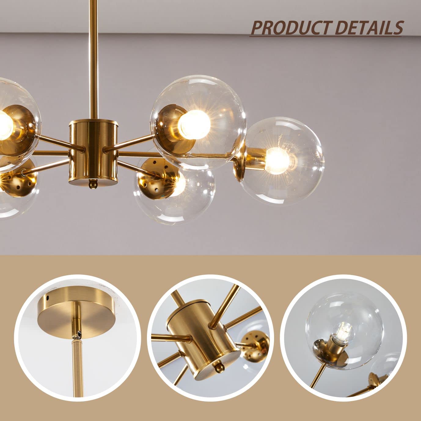 KCO Lighting Modern 6-Light Sputnik Chandelier, Brass, Clear Glass Globe, Adjustable Pendant Light, Model L1085-C-6, Gold+Clear