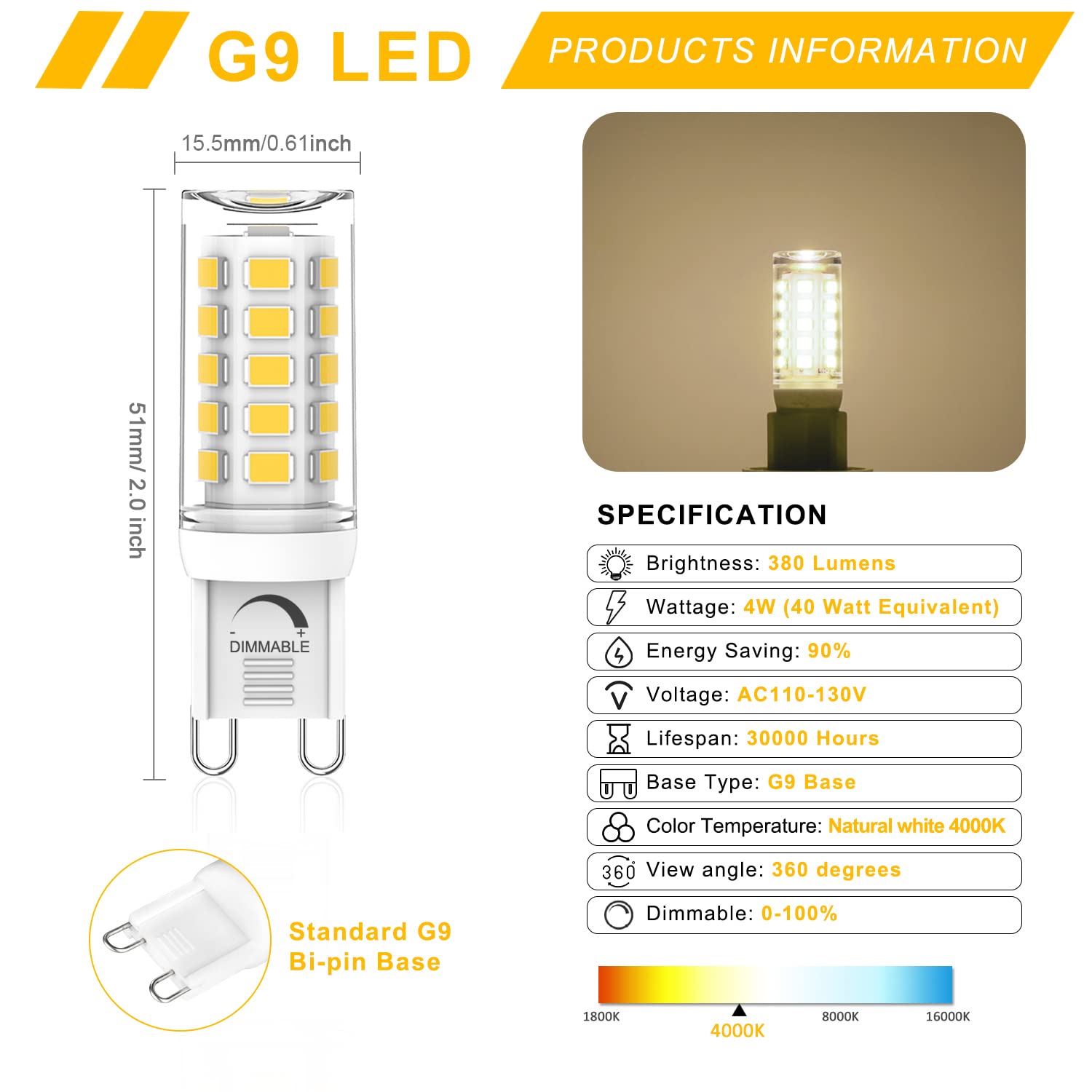 YUIIP G9 LED Bulb Dimmable 4W, 4000K Natural White, 360° Beam Angle, Pack of 10, No Flicker, 380LM