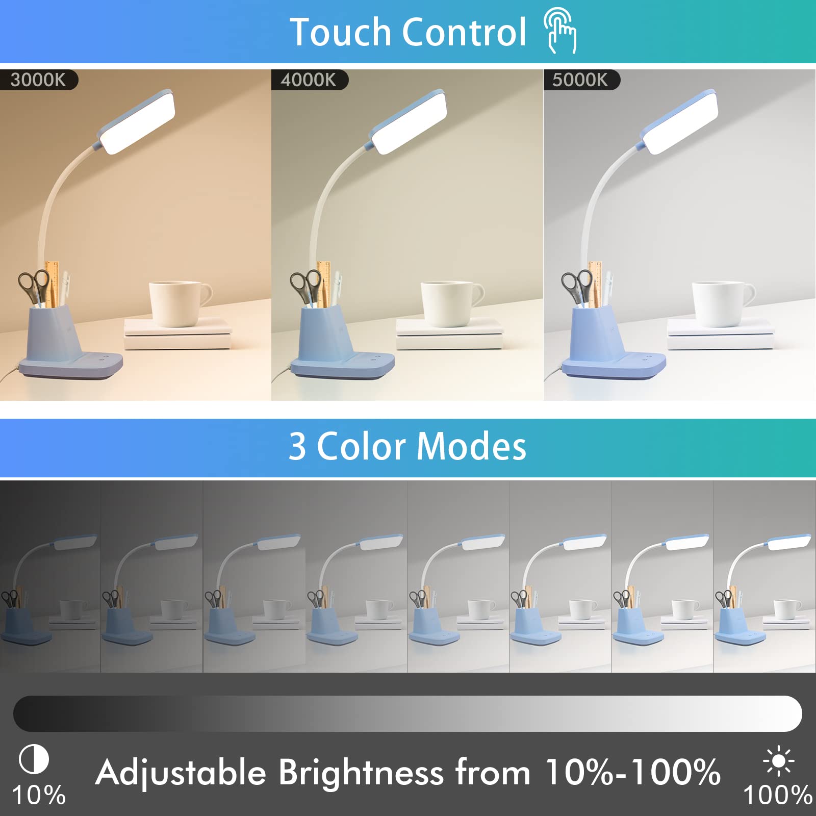 Sailstar Small Desk Lamp, Kids Desk Lamp With Pen Holder, Wireless Charger Led Desk Lamps For Home Office, 800Lm Gooseneck 3 Mod