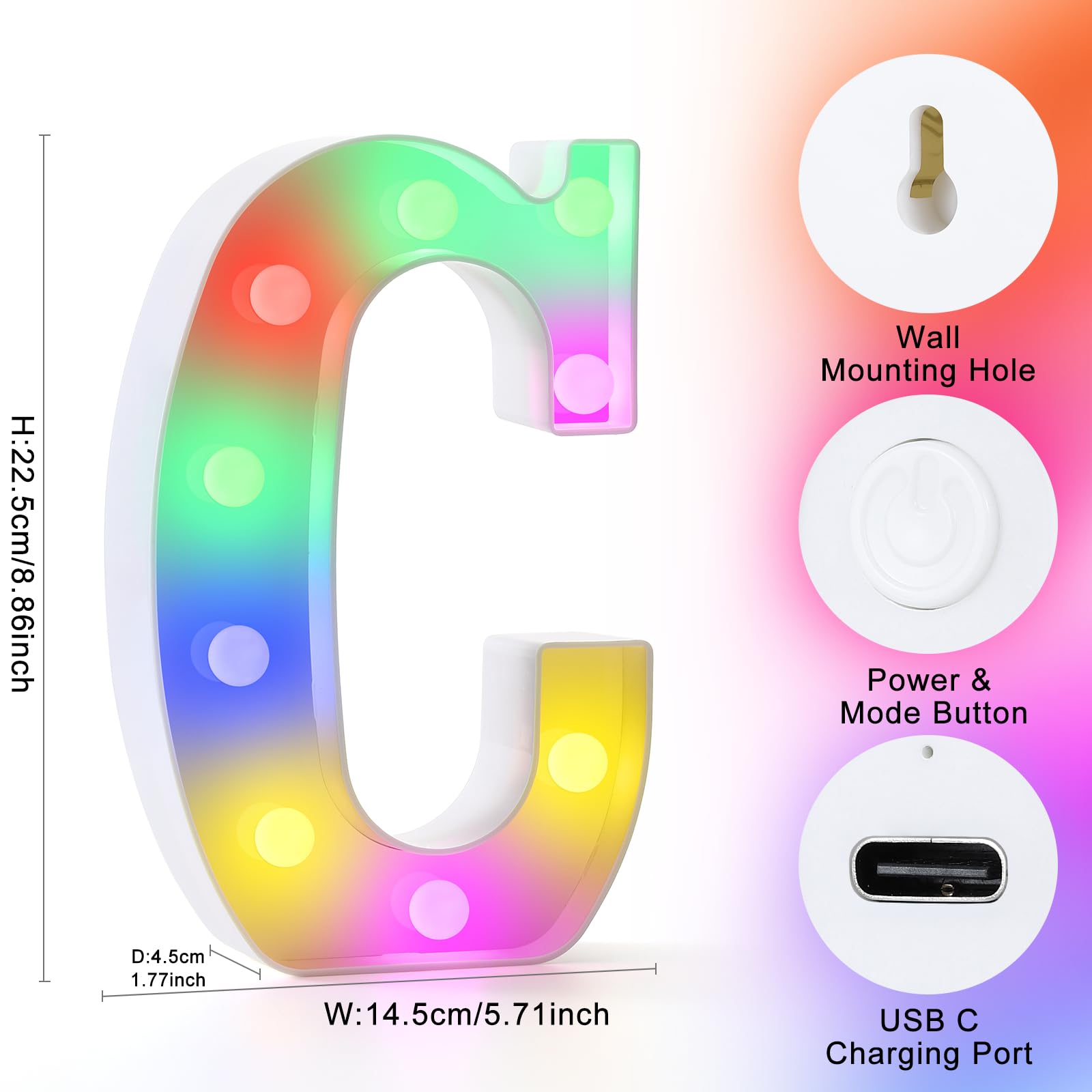 Mooncow Rechargeable Light Up Letters,Colorful Marquee Letters With Remote,Gift Wrap Gifts,Bedroom Home Bar Party Decor (C)
