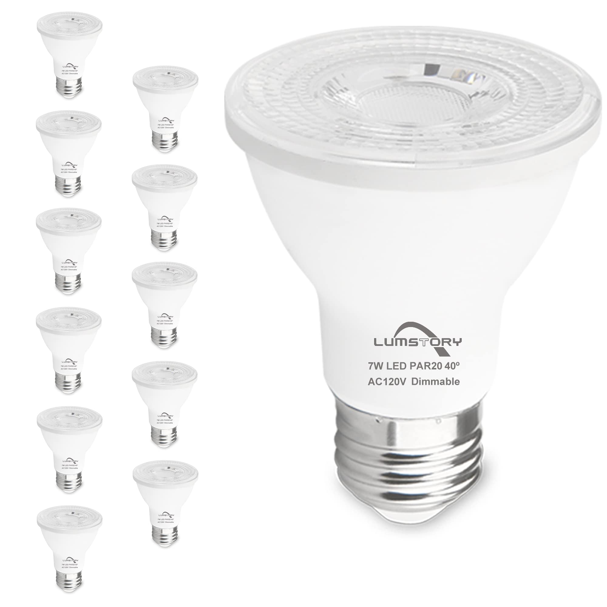 LumStory 12 Pack PAR20 LED Bulbs 5000K Daylight White Dimmable 7W 600LM 50W 60W Halogen Equivalent E26 Spotlight Indoor Outdoor 