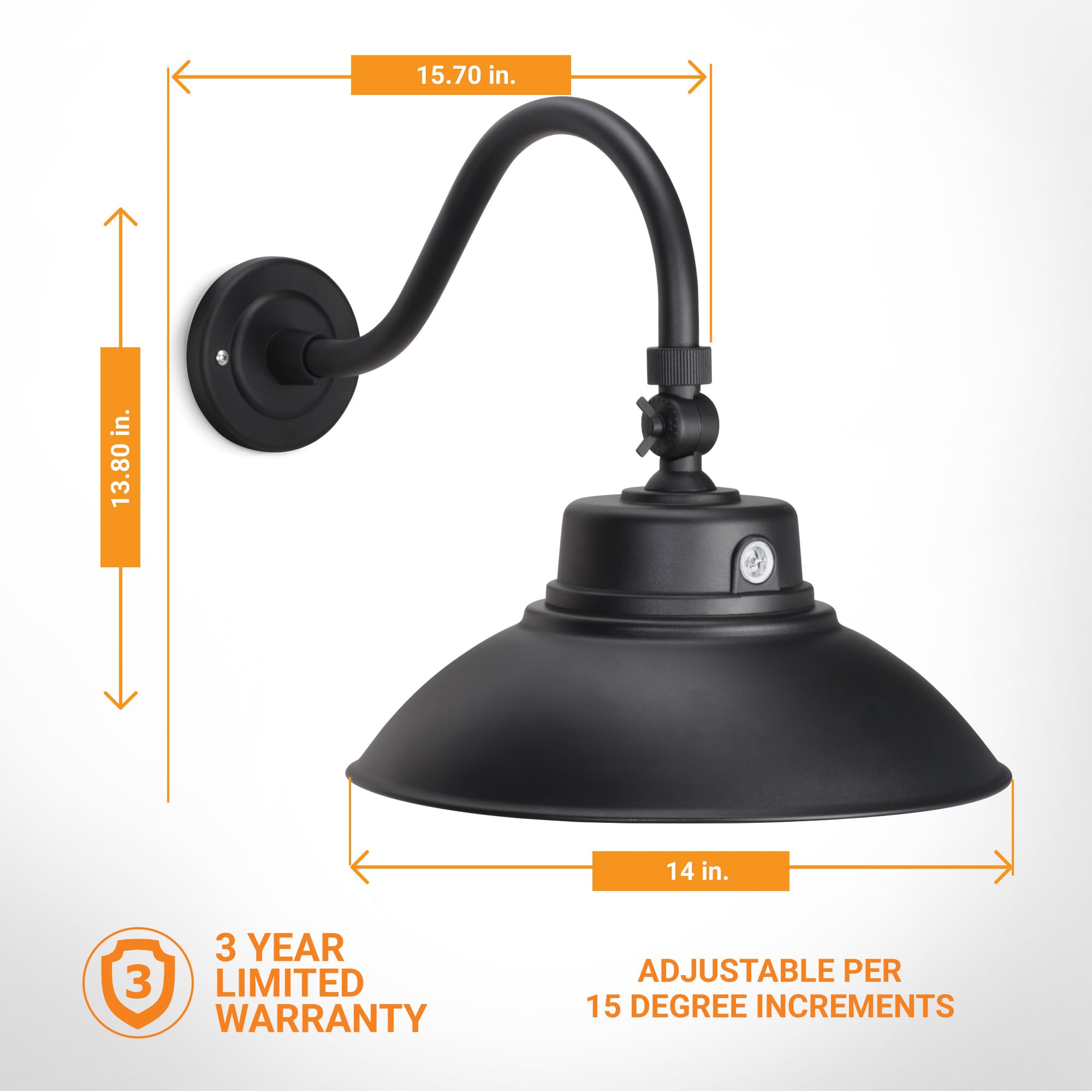 14in. Black Gooseneck Barn Light LED Fixture for Indoor/Outdoor Use - Photocell Included - Swivel Head - 42W - 3800lm - Energy S