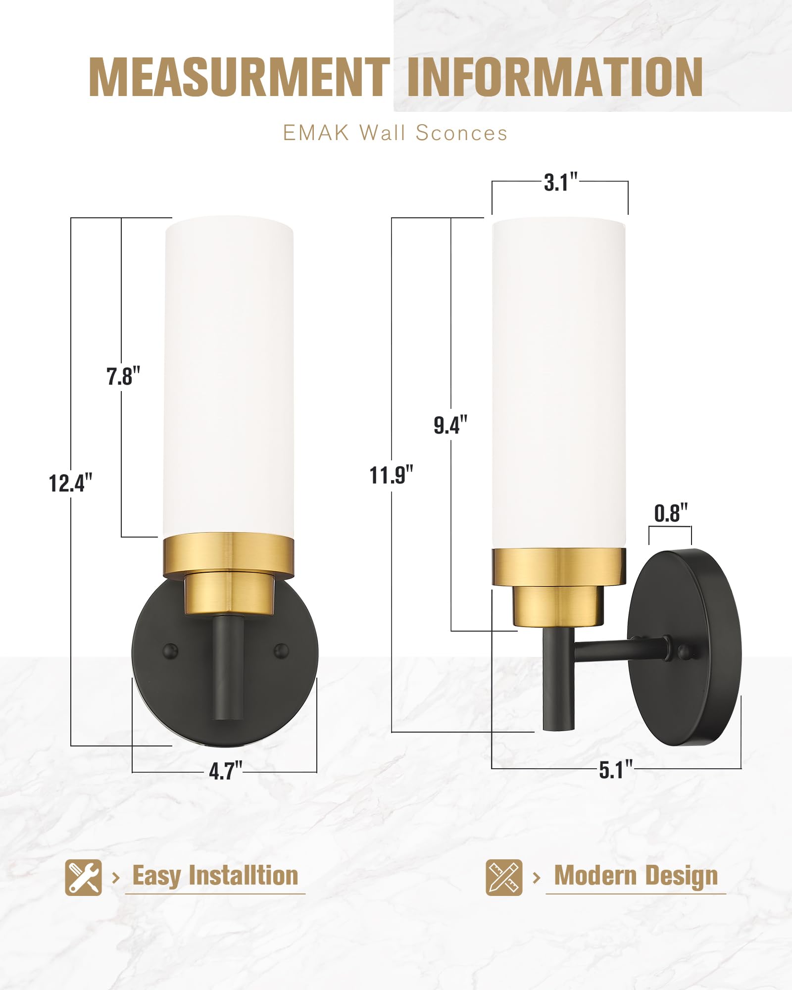 Emak Modern Wall Sconce, Black Gold Bathroom Light Fixtures With Milk Glass Shade, 2 Pack Wall Lamp For Bathroom, Bedroom, Livin