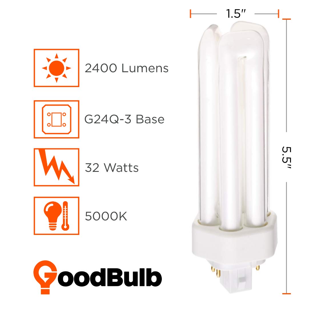 GoodBulb 32W CFL Light Bulbs, 5000K Daylight, 2400 Lumens, 10 Count, GX24Q-3 Base, Glass