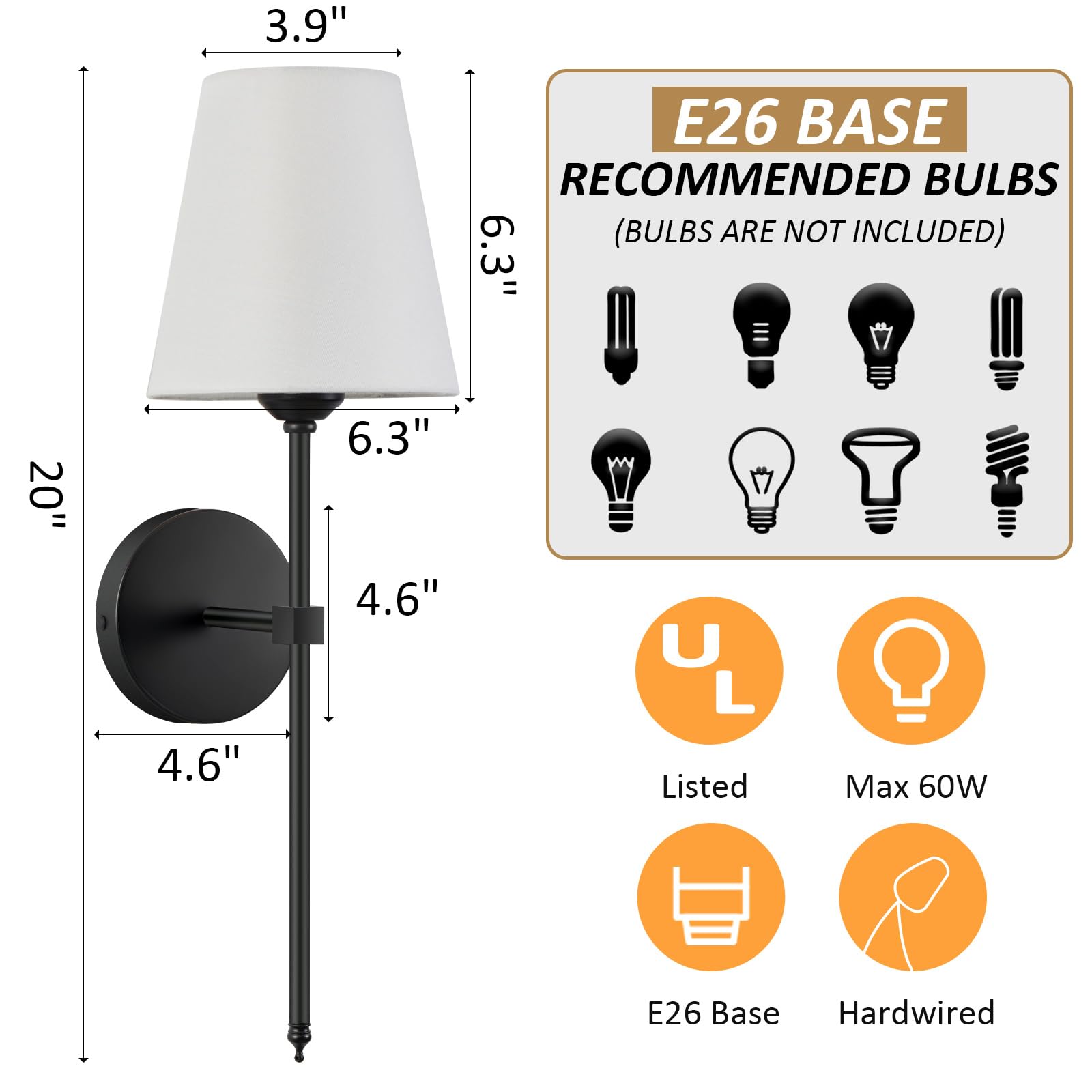 KUAUGST Wall Sconces Set of 2, Retro Industrial Design, Black Fabric Shade, Metal, Model: wall sconces-03