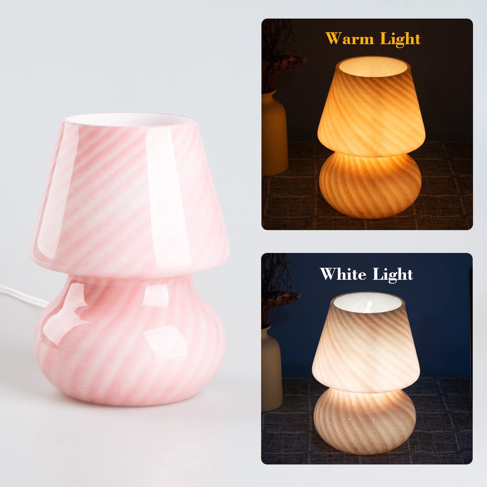 COOSA Glass LED Mushroom Lamp, Vintage Style Night Light, Pink Translucent Decorative Table Lamp for Kids and Bedroom