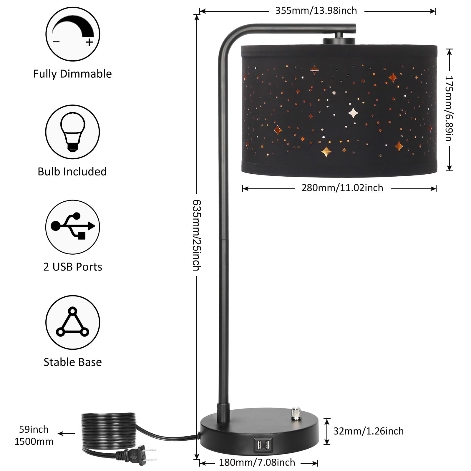 Bedside Table Lamp, Fully Dimmable Table Lamp With 2 Usb Ports, Modern Nightstand Lamps With Stars Shade, Usb Side Table Lamp, T