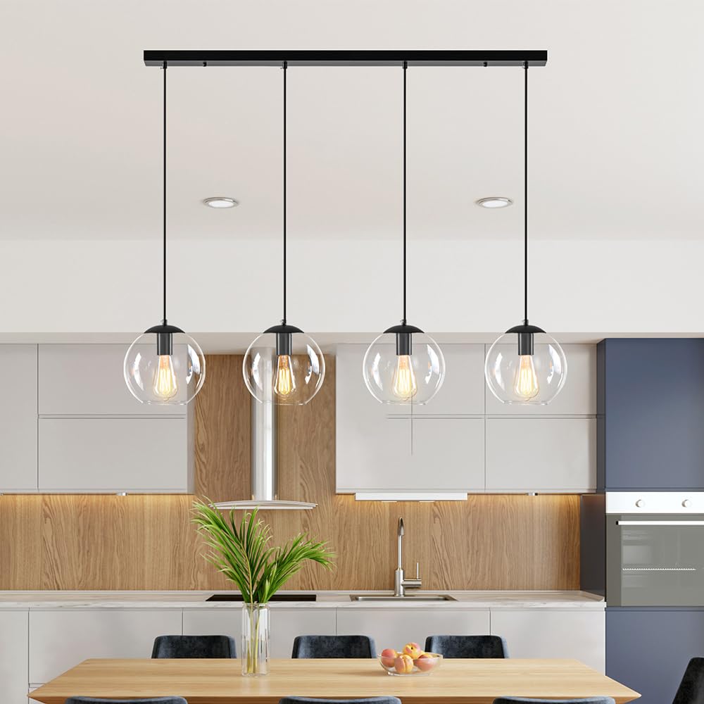 LMSOD 4 Lights Globe Pendant Light, Modern Hanging Lighting Fixture, Matte Black Classic Cluster Chandelier with Clear Glass Sha