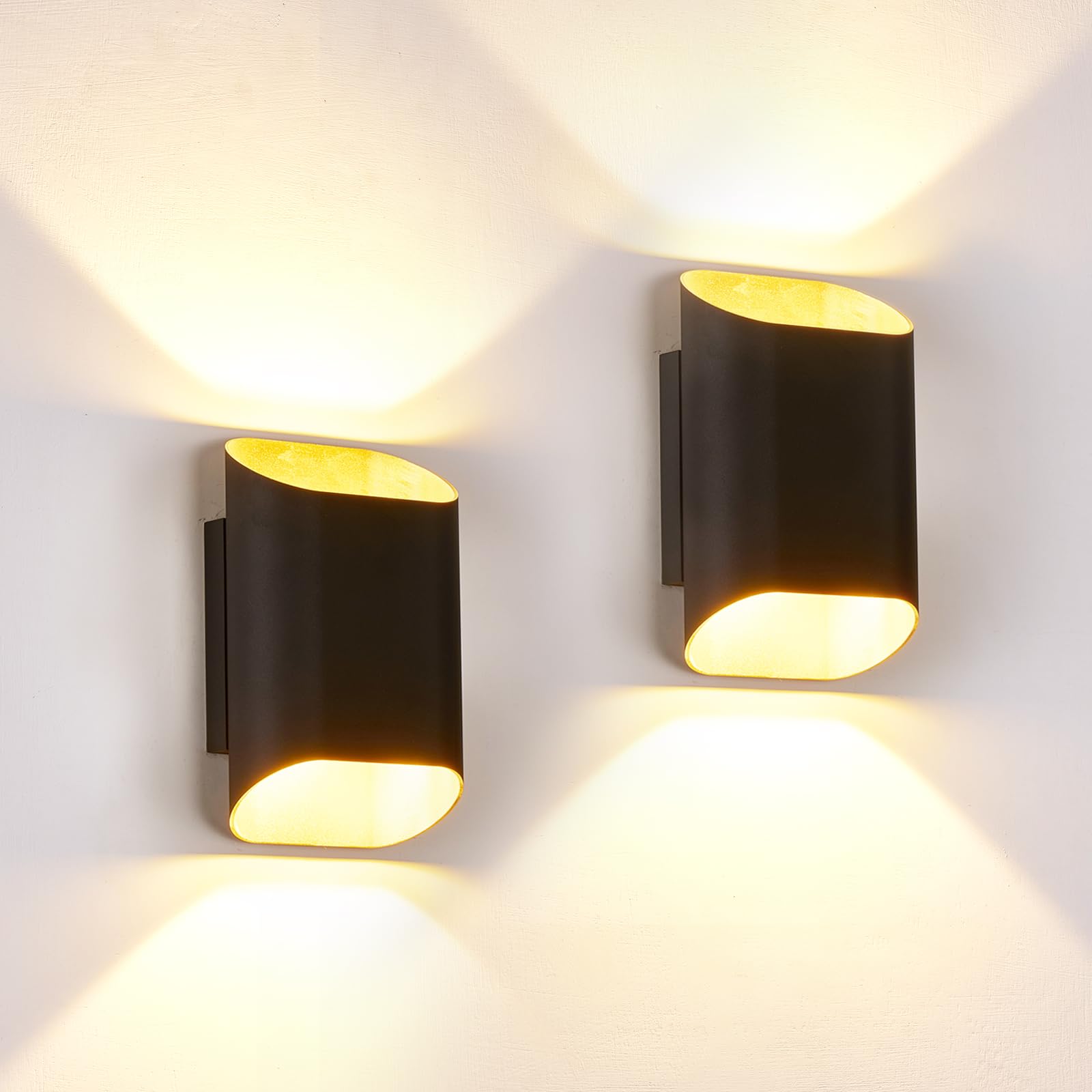 LUXLUCIO 2 Pack Black & Gold Up & Down Wall Sconce Lamp 5%-100% Dimmable, Modern Indoor/Outdoor Porch Light, IP65 Waterproof, 12