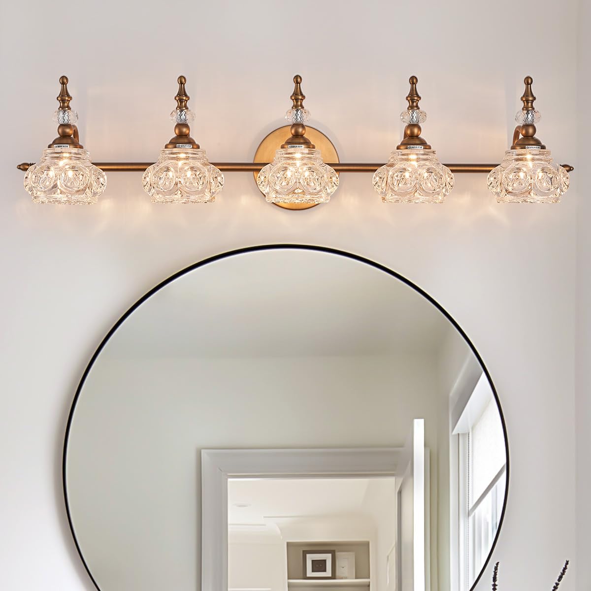 Zilanl Brass 5-Light Vintage Bathroom Vanity Light With Crystal Glass Shade