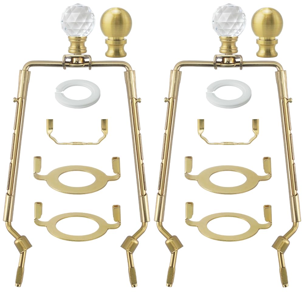 Asjeumt 8 9 10 11 inch Brass Lamp Shade Harp Holder, 2 Set Adjustable Height Harp Kit with Crystal & Metal Finial, DIY Replaceme