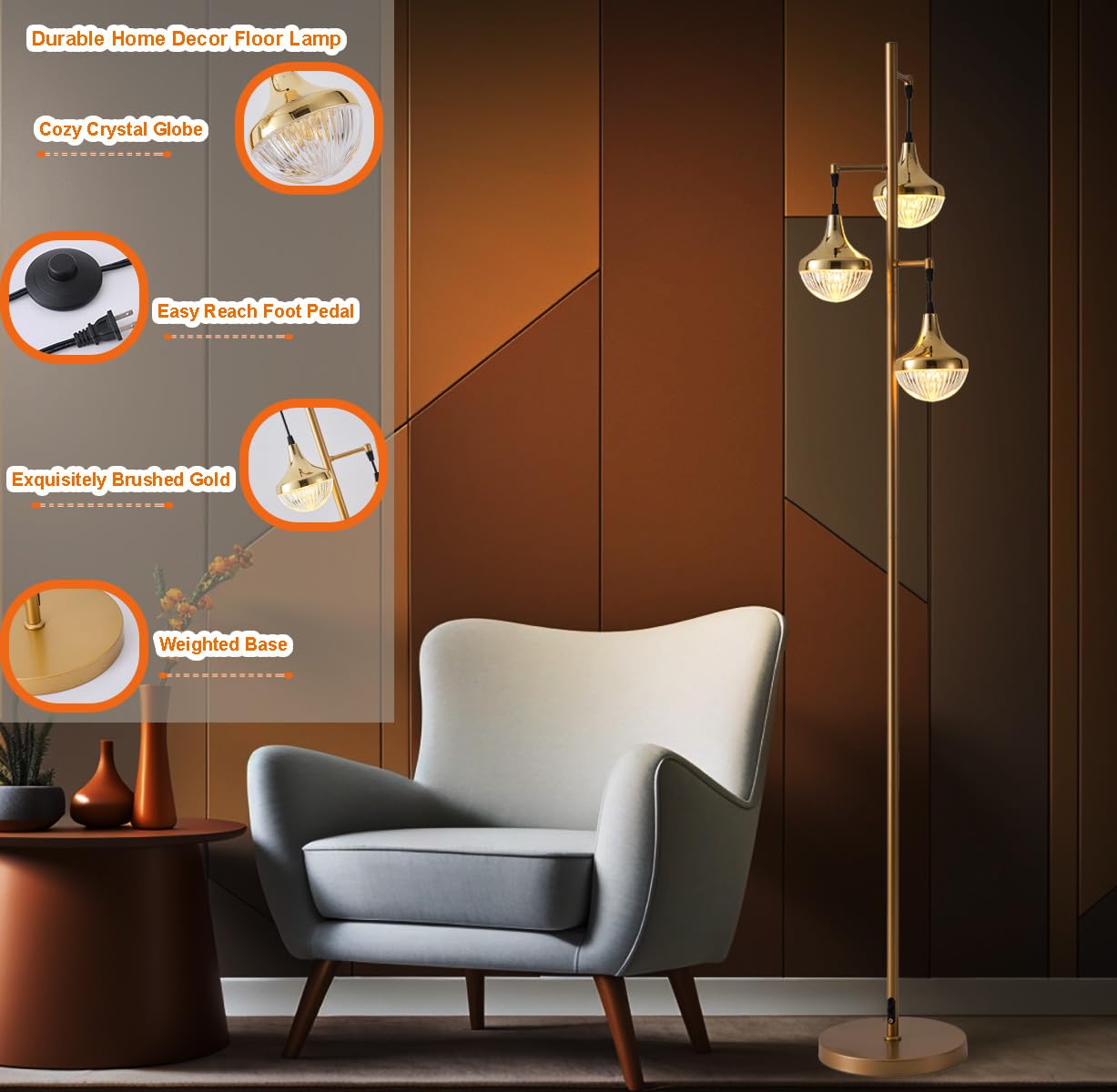 Fiqevs Mid Century Modern Floor Lamp With Led Bulbs & Elegant Ribbed Globe Shade, 3-Light Gold Standing Lamp For Living Room, Be