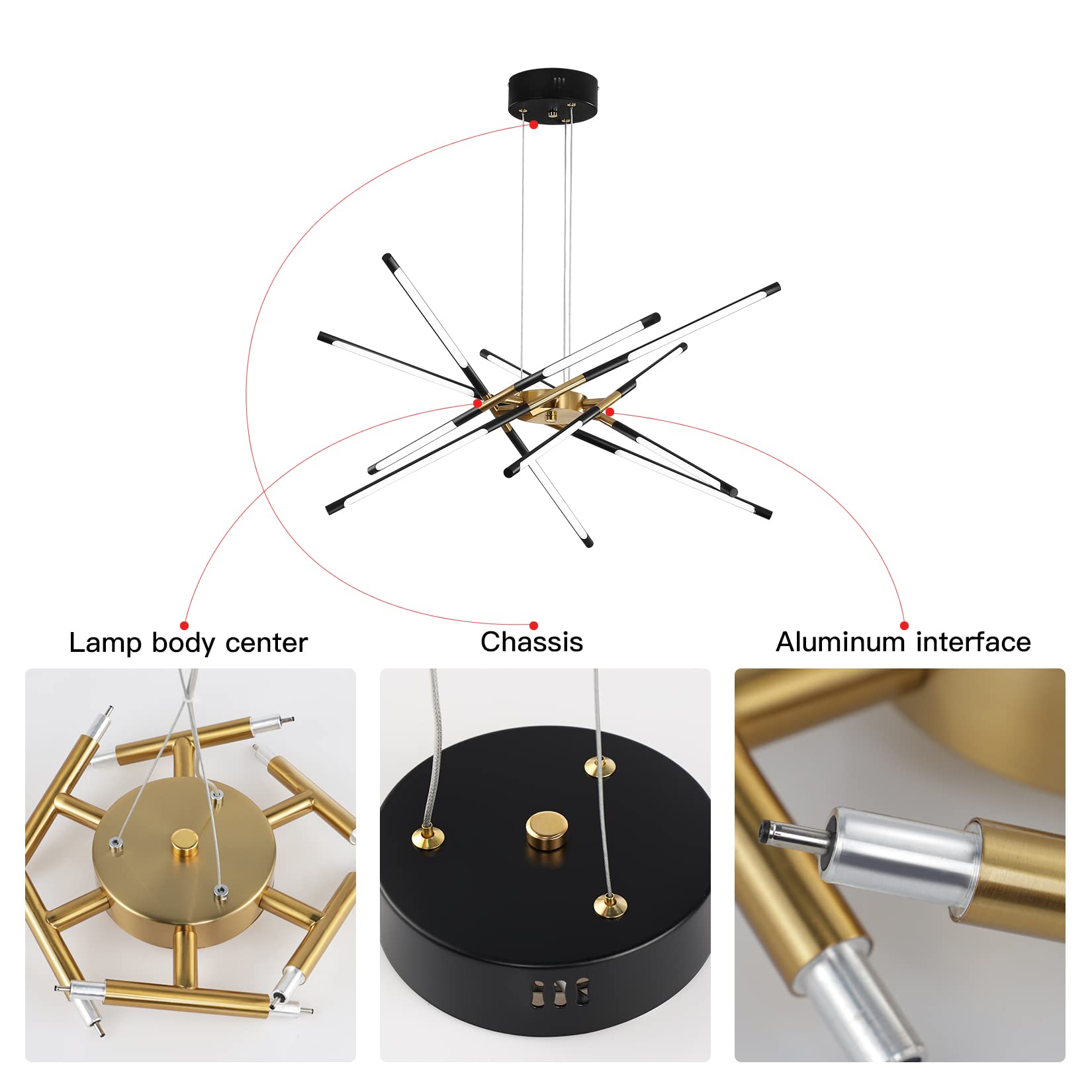Modern Chandelier,Black And Gold Chandelier 12 Light Led Dimmable Pendant Lights,Easy To Install Ceiling Light 54W Linear Hangin