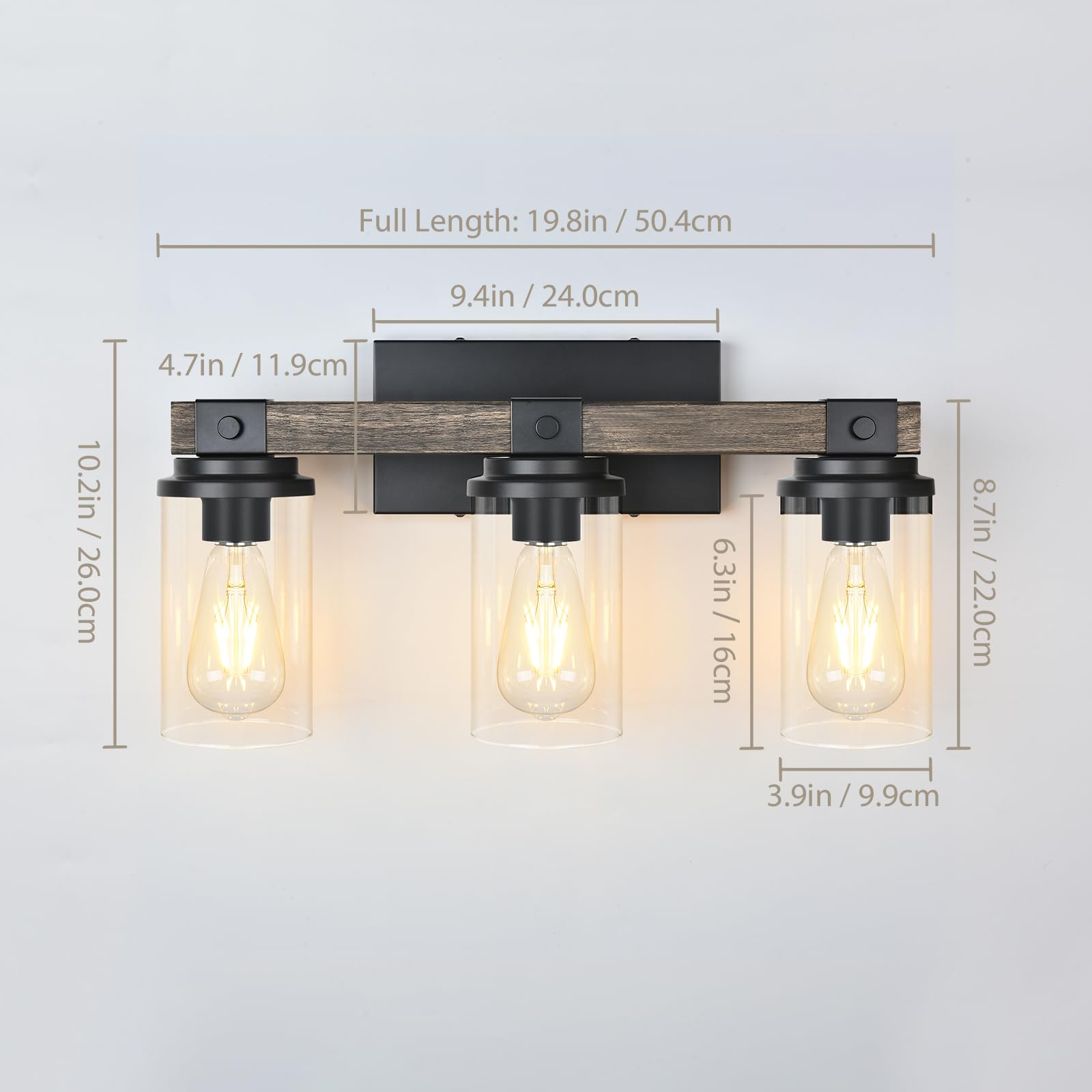 Goyeel 3-Light Bathroom Vanity Light, Rustic Wooden Farmhouse Sconces For Mirror, Matte Black