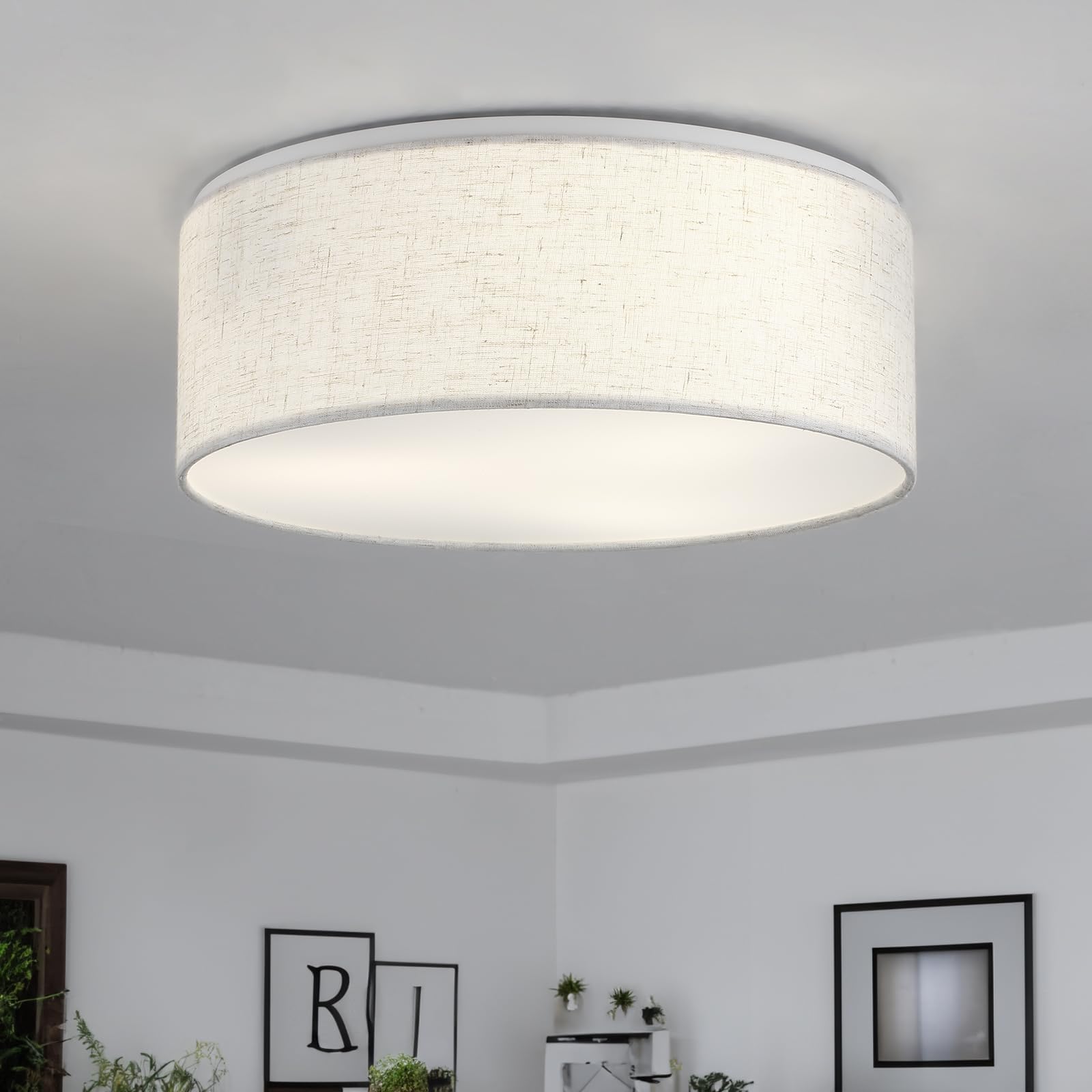 Luupyia Vintage 3-Lights Drum Ceiling Light, Beige Fabric Shade Semi Flush Mount Fixture