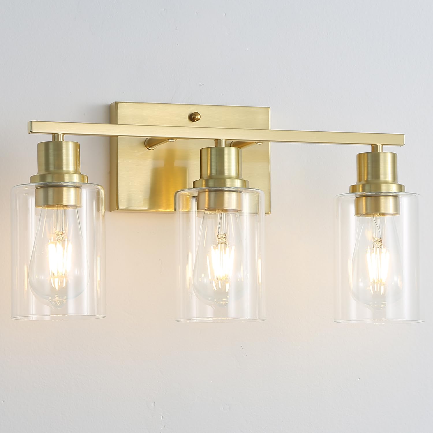 Jodauirt 3-Lights Modern Wall Sconces Gold Bathroom Vanity Light Fixtures,Brushed Brass Wall Sconces With Clear Glass Shades, Farmhouse Wall Lighting ?For Hallway,Living Room,Bedroom