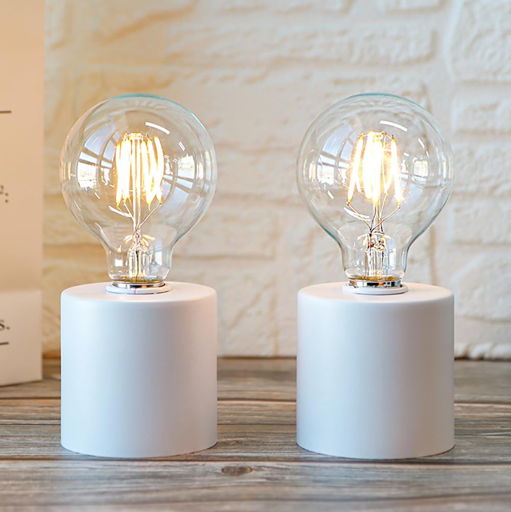 Jhy Design Set Of 2 White Table Lamp Battery Powered 7 Tall Cordless Lamp Light With Edison Style Bulb Battery Operated Great Fo
