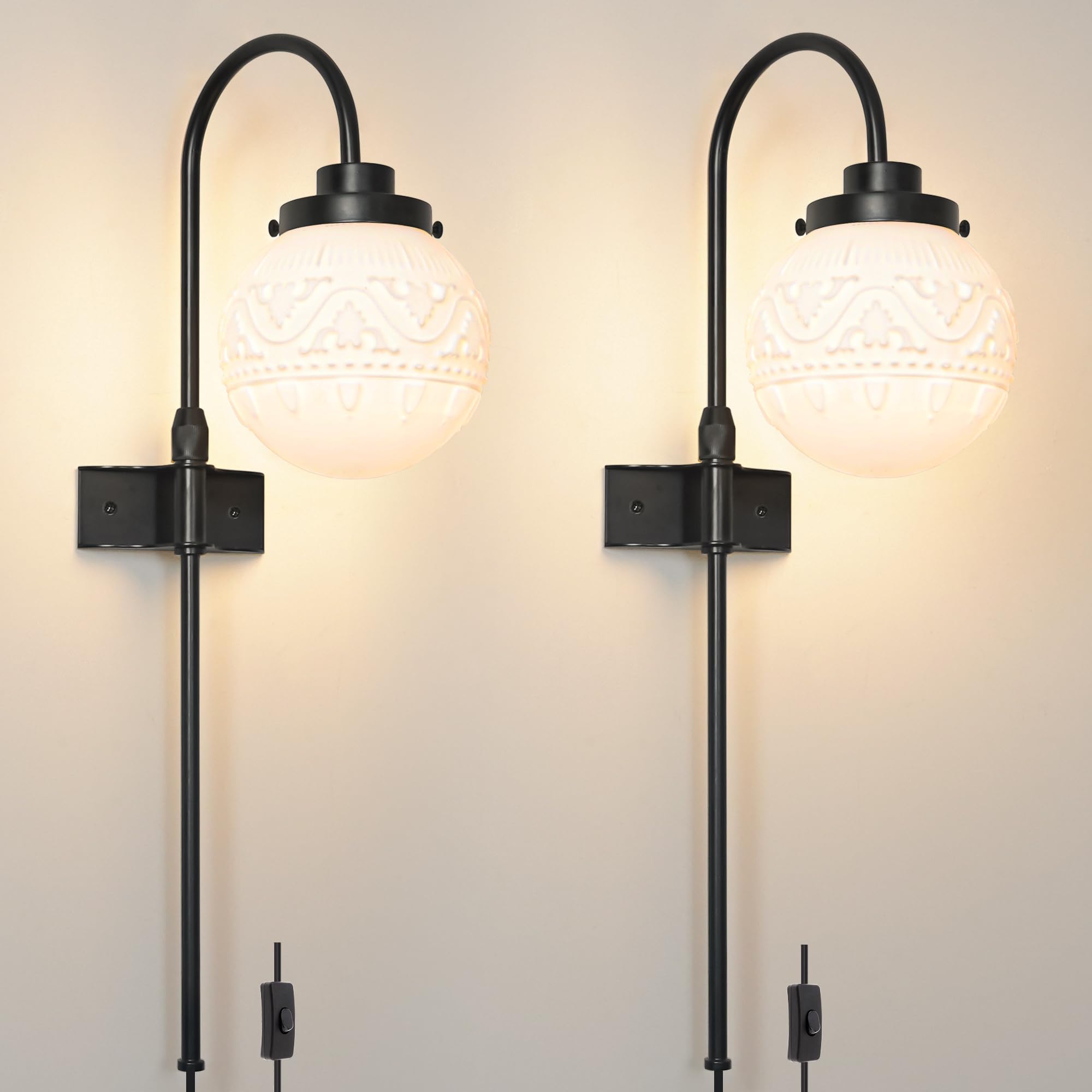 Daunton Plug in Wall Sconces Set of 2, Adjustable Metal Lights, Black and White Glass, Model 241022