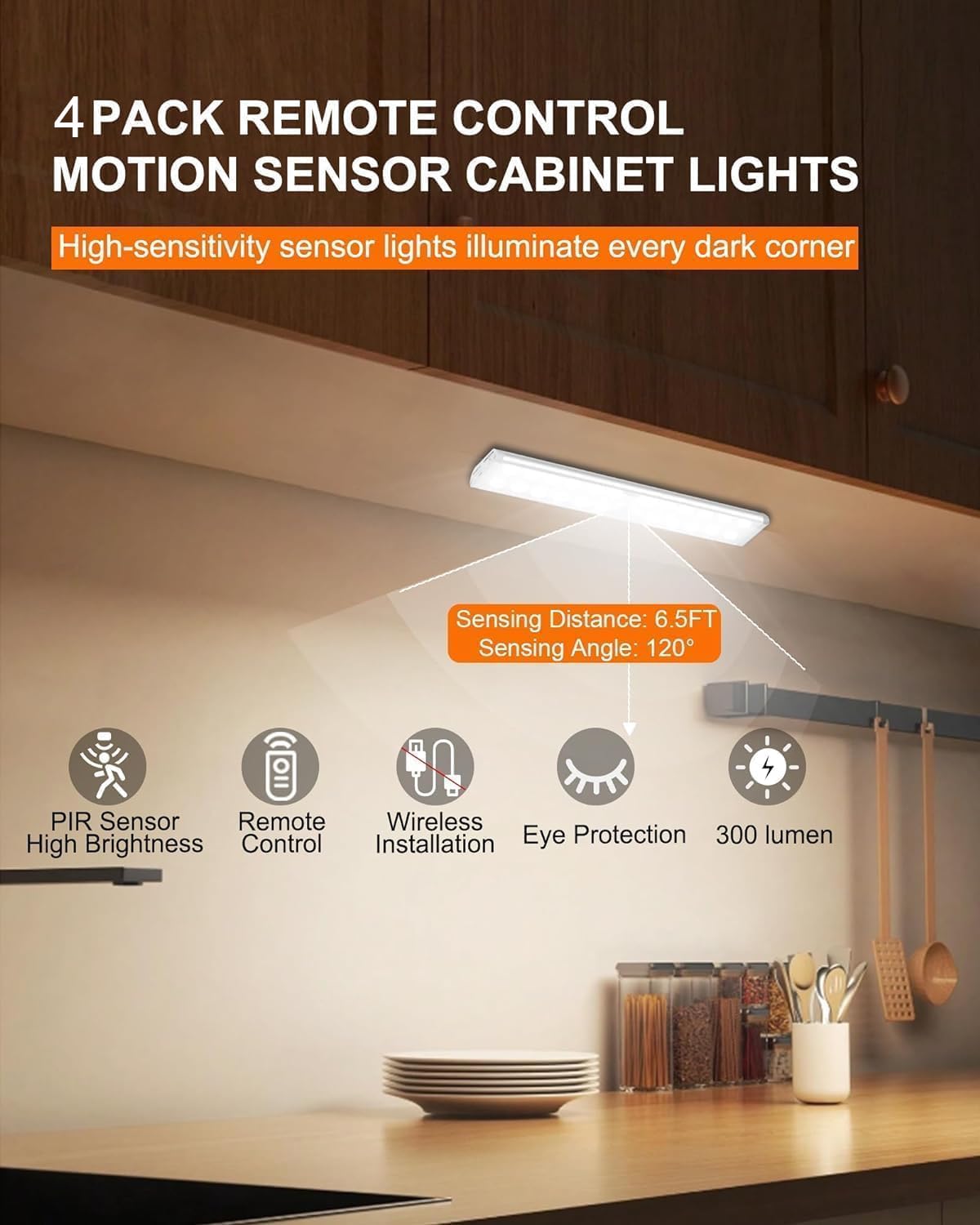 Diomart Wireless RGB Under Cabinet Lighting, 58-LED Motion Sensor Night Light, 4 Pack, Rechargeable, Multicolor