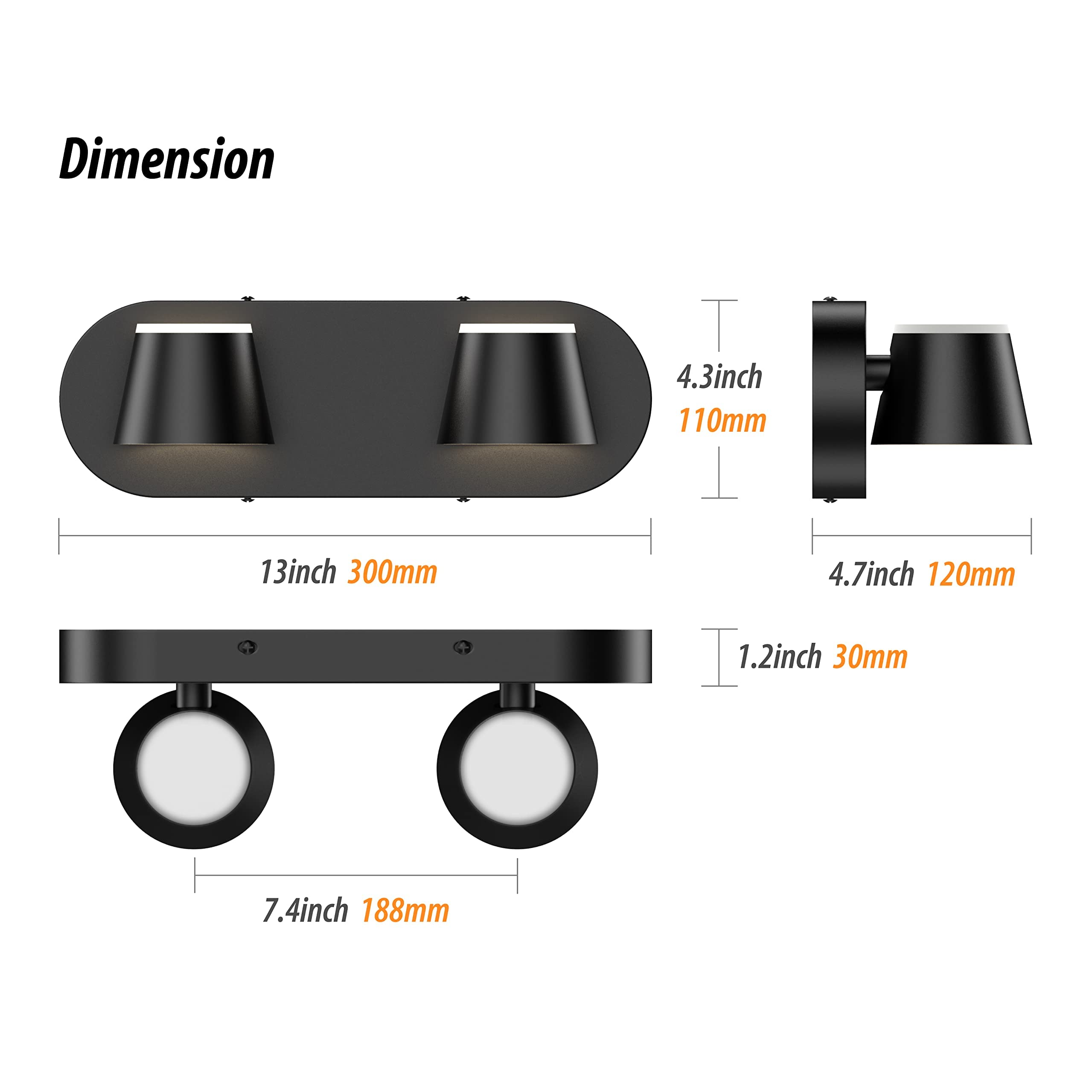 URSOLA 2 Light Bathroom Vanity Light, LED Dimmable, 13 inch, Black, Model 7540-2T, Up and Down Rotatable, Acrylic Fixtures