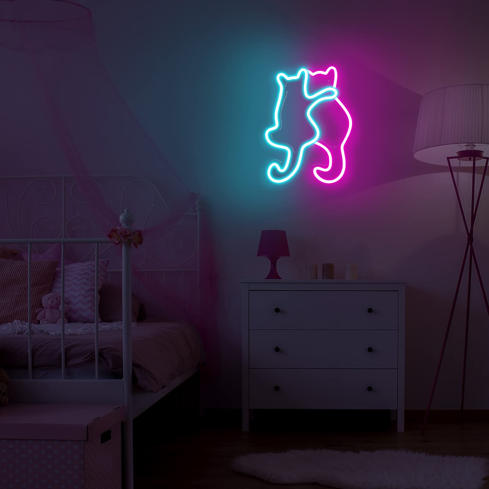Kathfly Cat Neon Sign Light - USB Operated LED Decor for Home, Party, Wedding - Pink & Blue Acrylic - Cute Cat Design