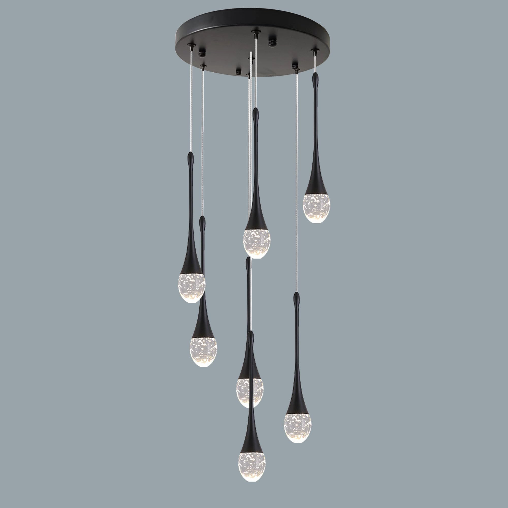 Upfelw Modern Crystal Chandelier - 7-Lights, Dimmable LED, Black, H60in  High Ceiling, Model UCC-B07-0436