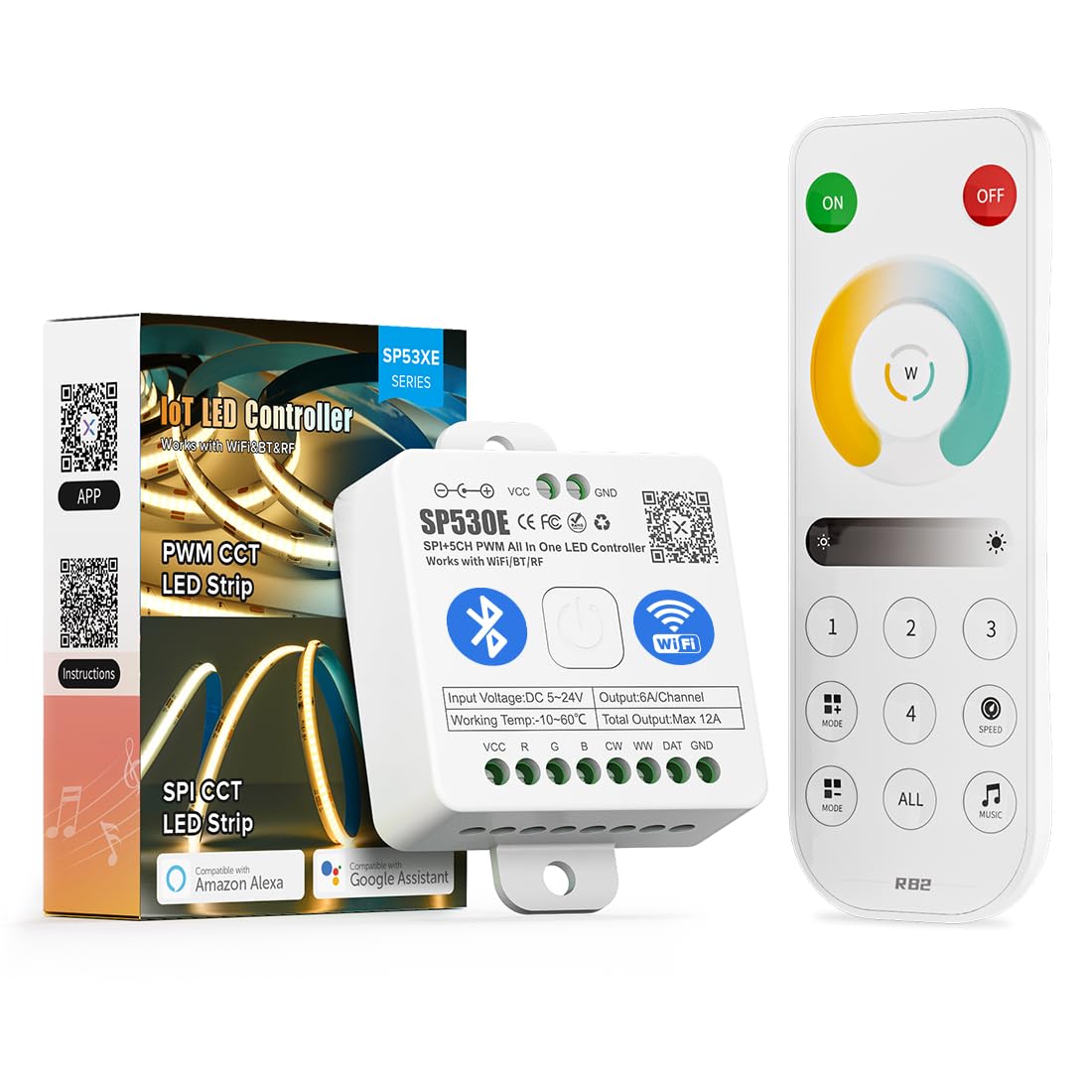 BTF-LIGHTING SP530E WiFi Alexa Bluetooth Controller 4 Zones 2.4GHz RF RB2 Remote Kit Support FCOB COB SMD PWM or SPI CCT Dual White Tunable Color Temperature LED Band WS2811 IC etc DC5V DC12V DC24V